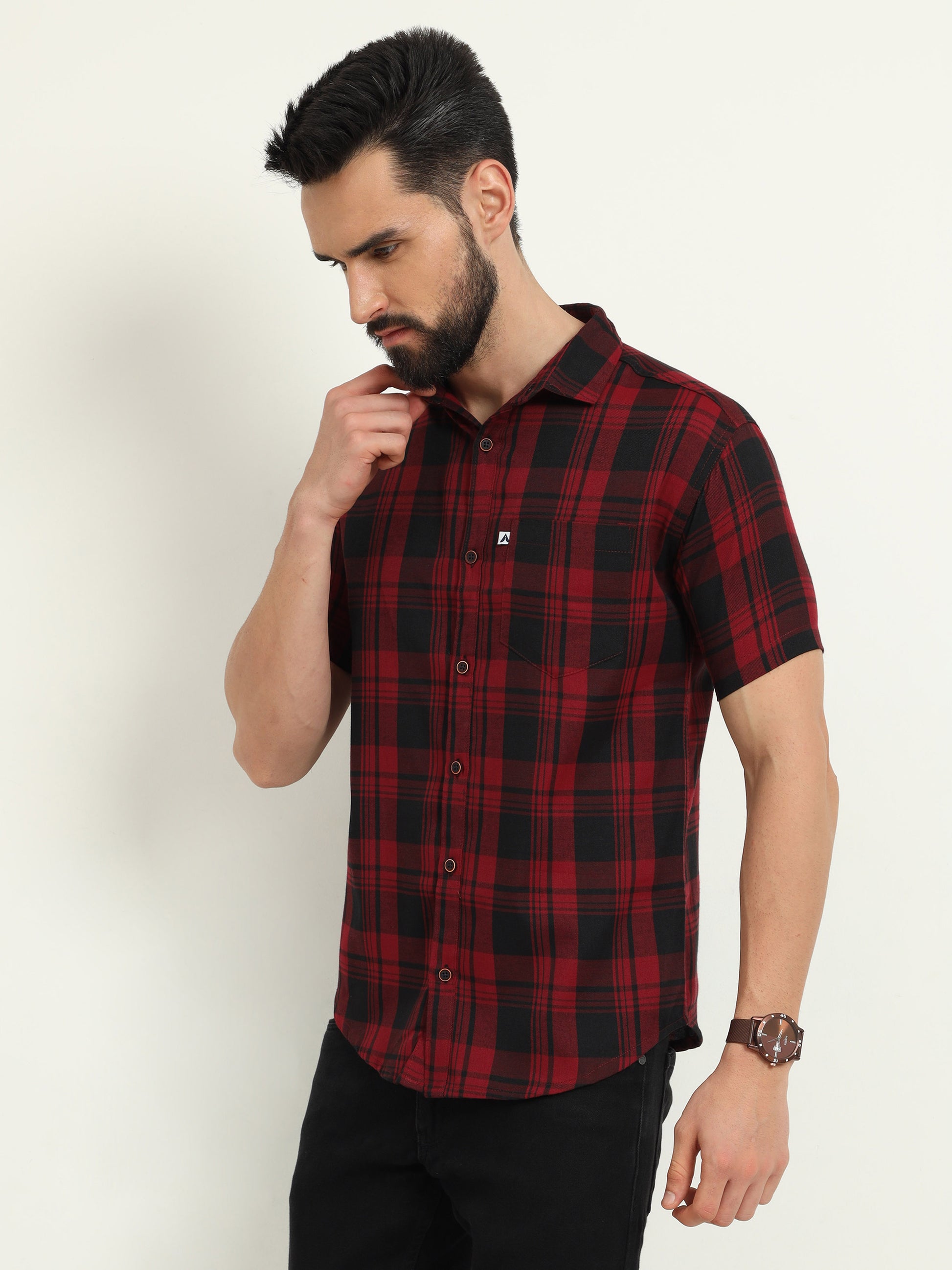 Half Sleeve Cotton Blend Wanted Red Check Shirt Men