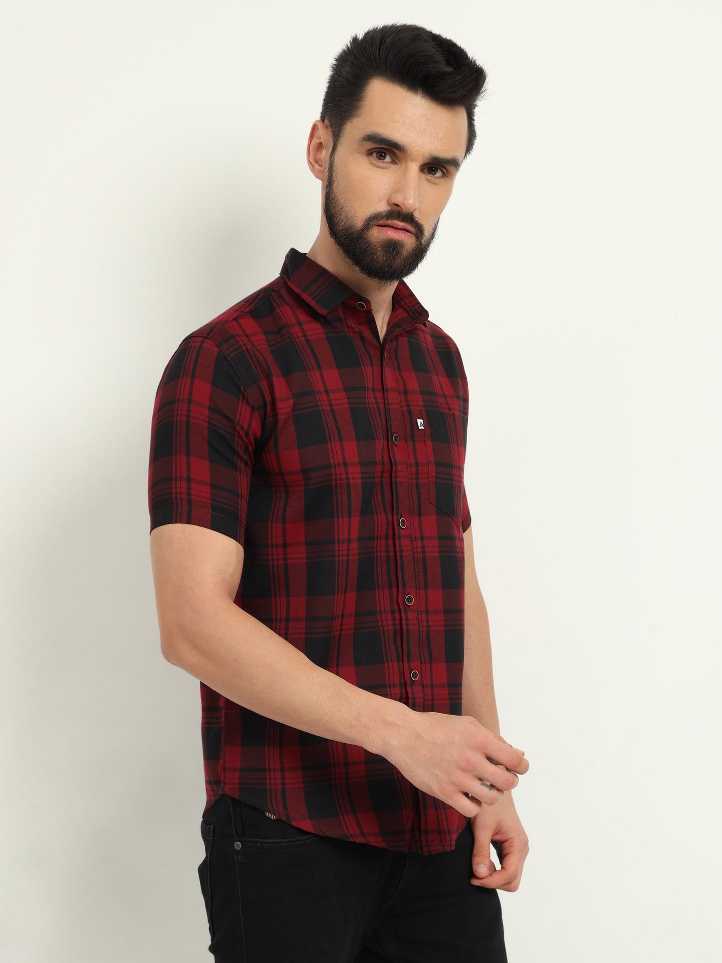 Half Sleeve Cotton Blend Wanted Red Check Shirt Men