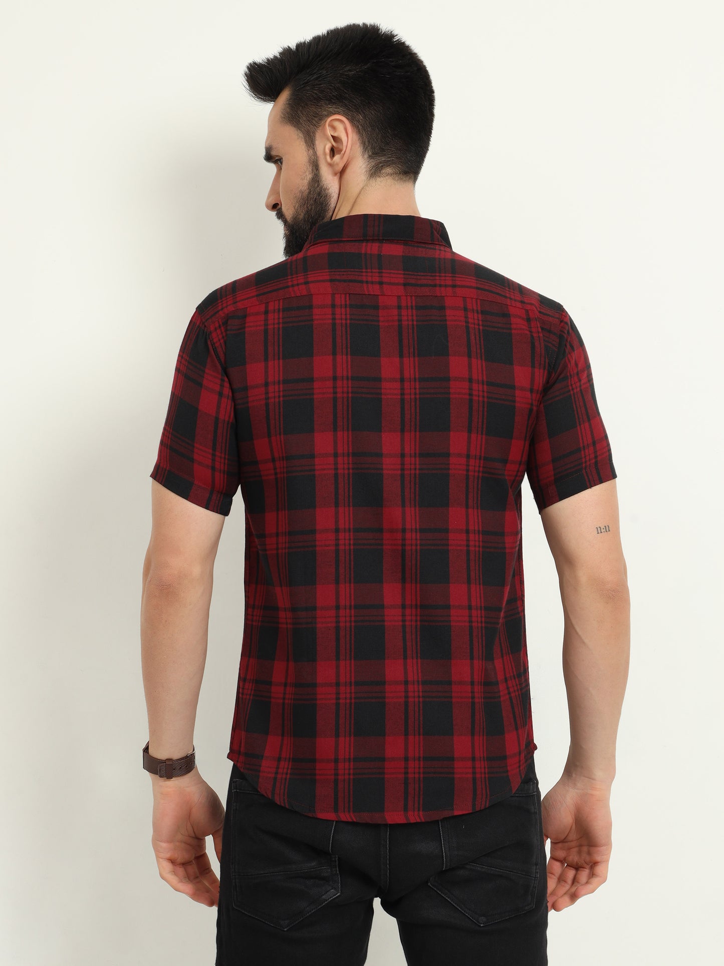 Half Sleeve Cotton Blend Wanted Red Check Shirt Men
