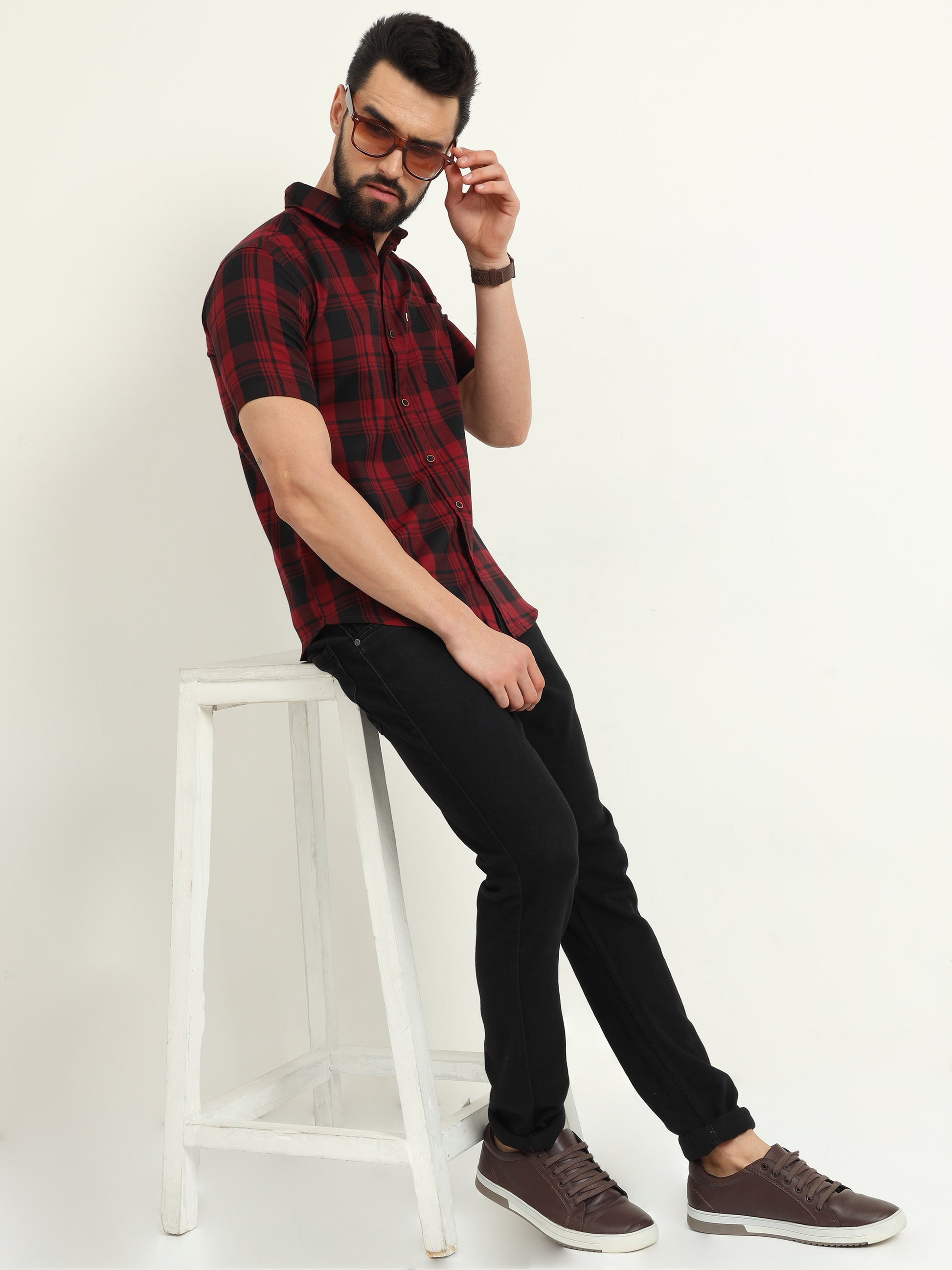 Half Sleeve Cotton Blend Wanted Red Check Shirt Men