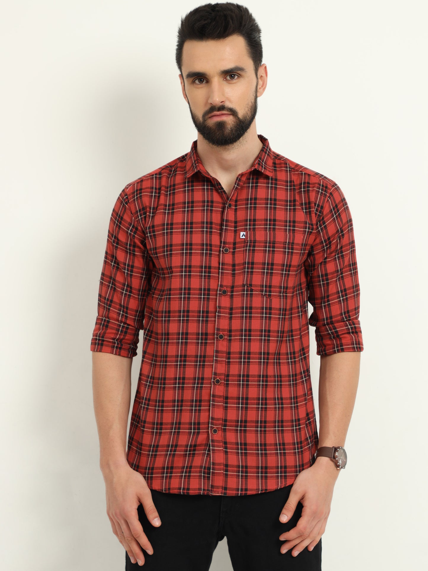 Classic Cotton Orange Check Shirt for Men
