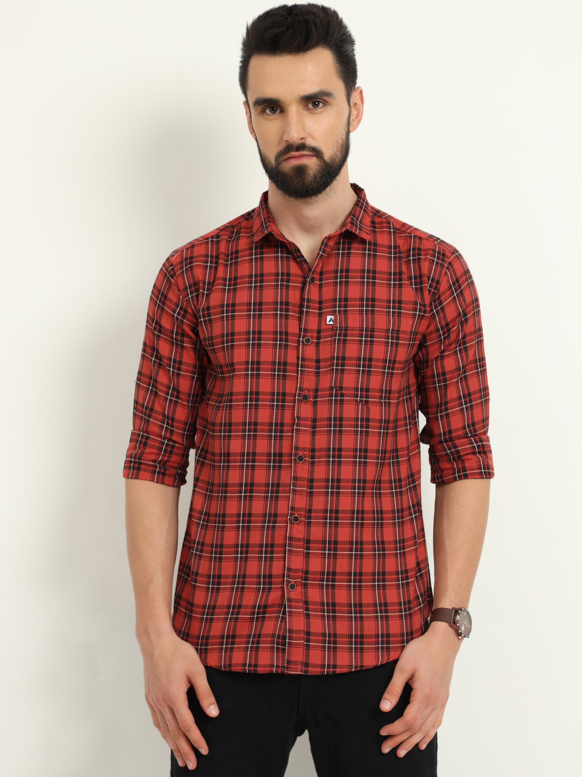 Classic Cotton Orange Check Shirt for Men