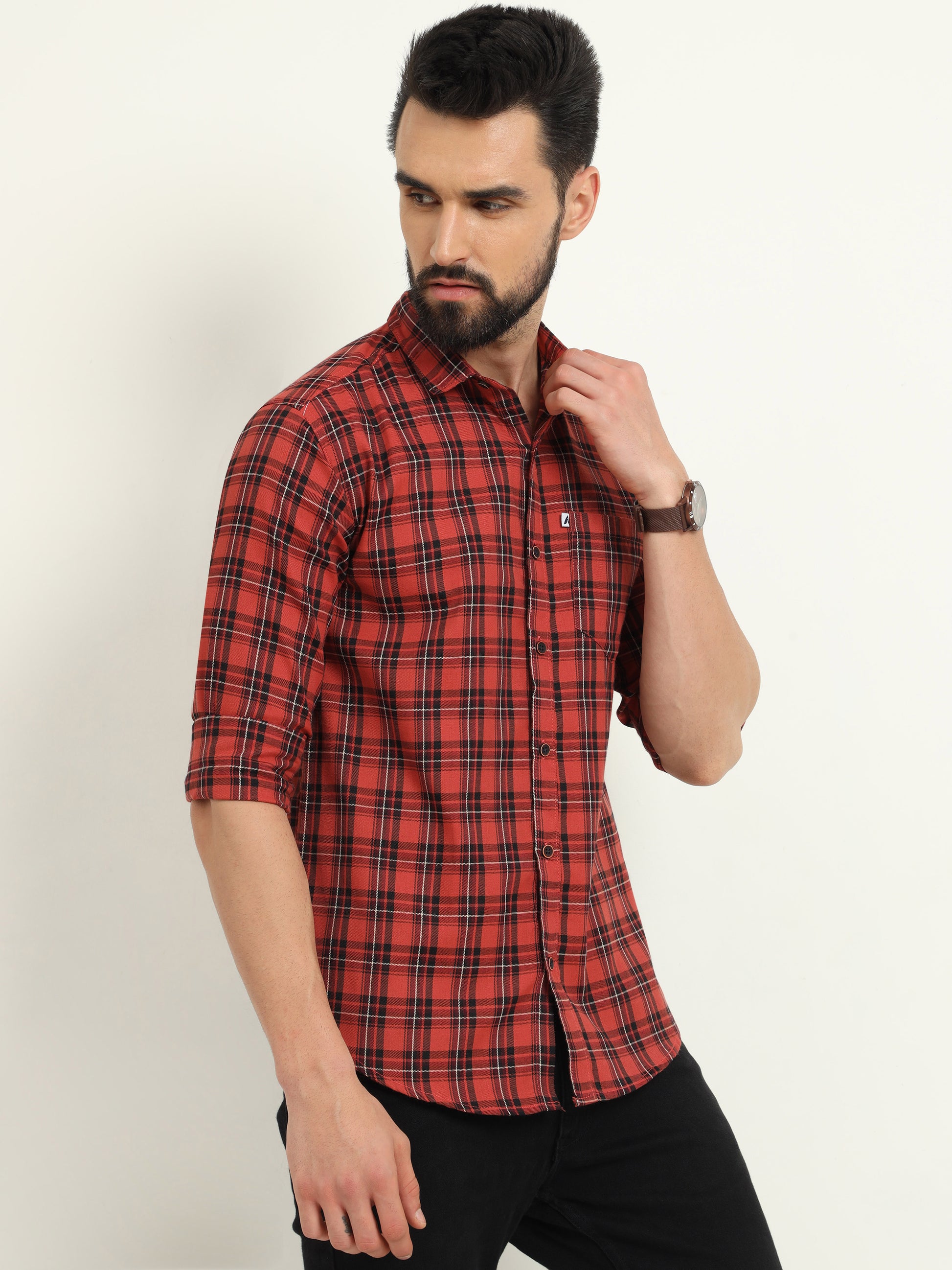 Classic Cotton Orange Check Shirt for Men