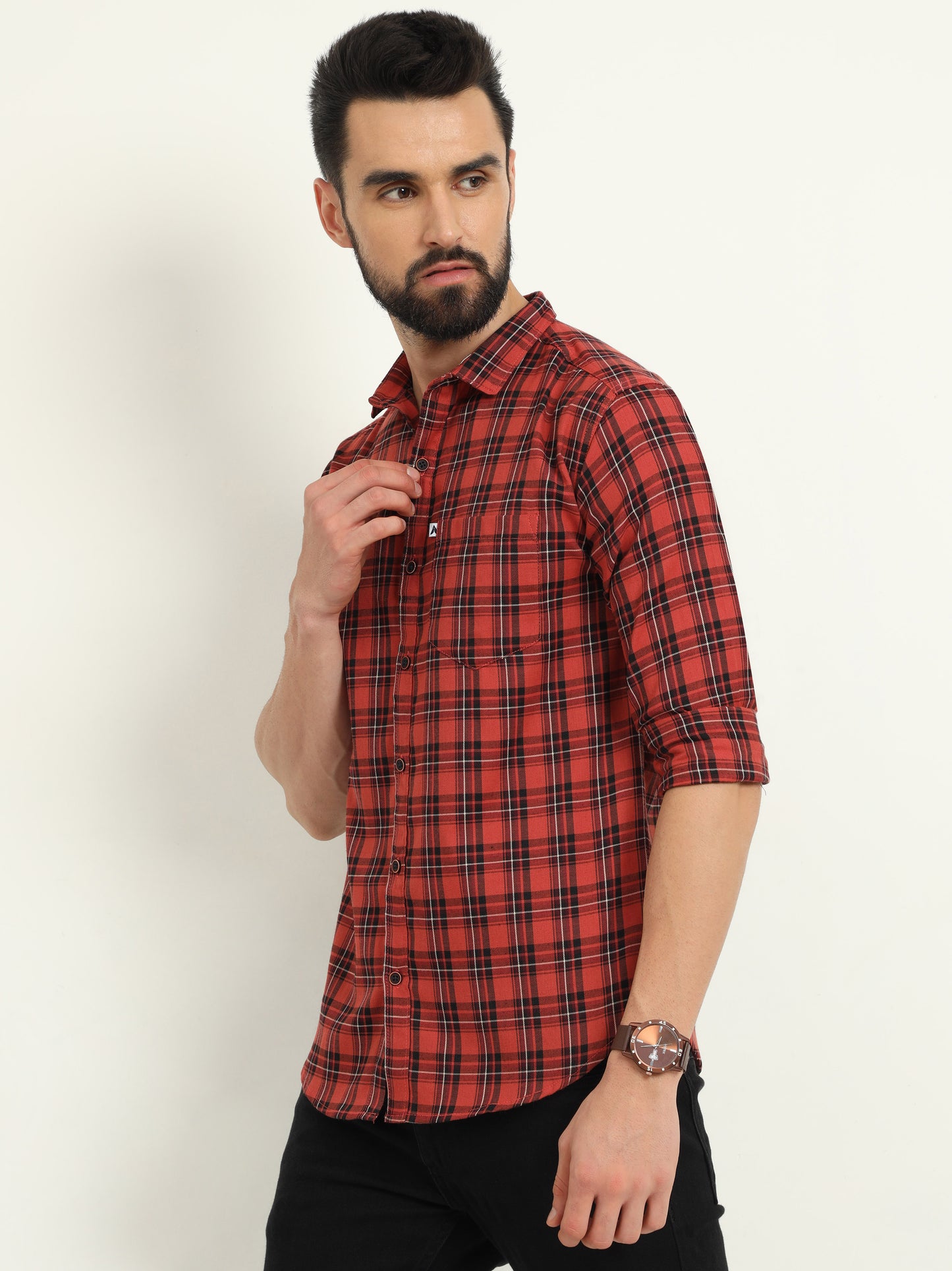 Classic Cotton Orange Check Shirt for Men