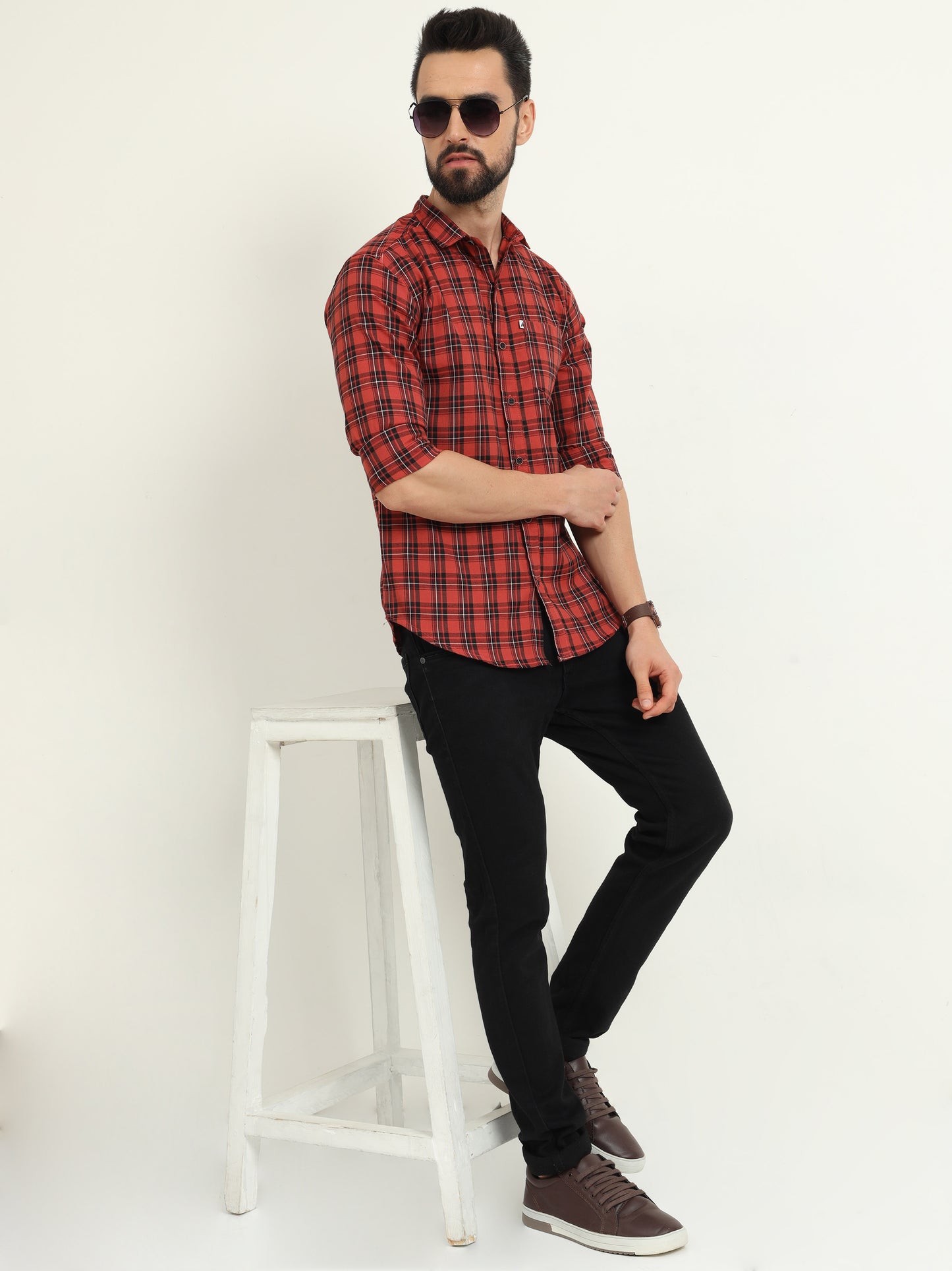 Classic Cotton Orange Check Shirt for Men