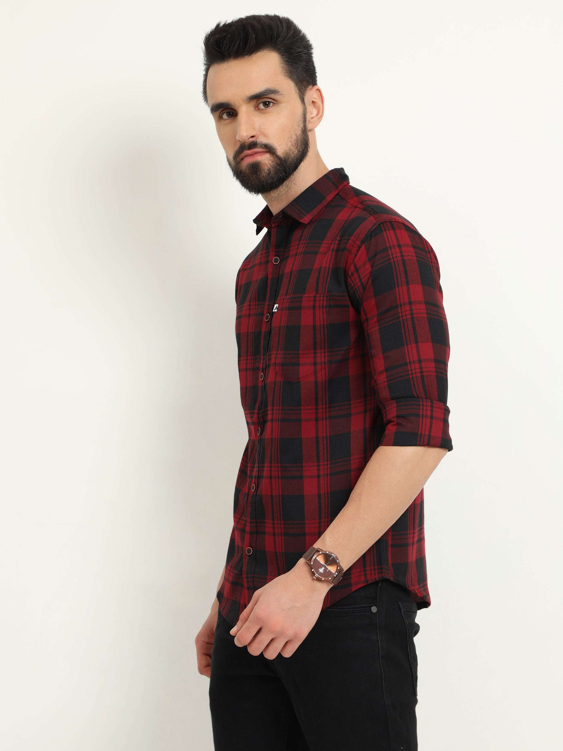 Wanted Cotton Blend Red Plaid Shirt For Men