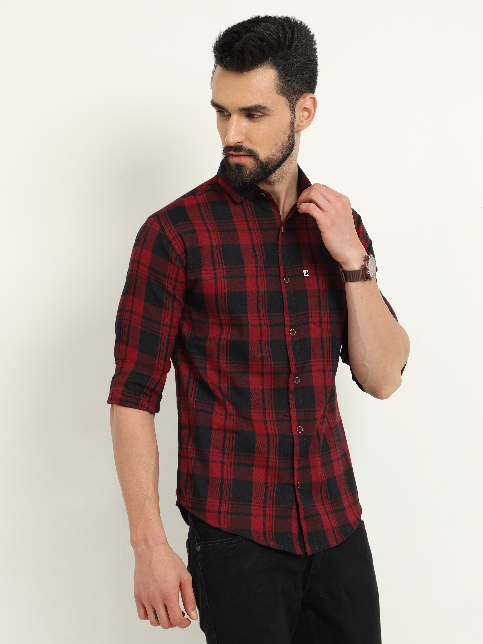Wanted Cotton Blend Red Plaid Shirt For Men