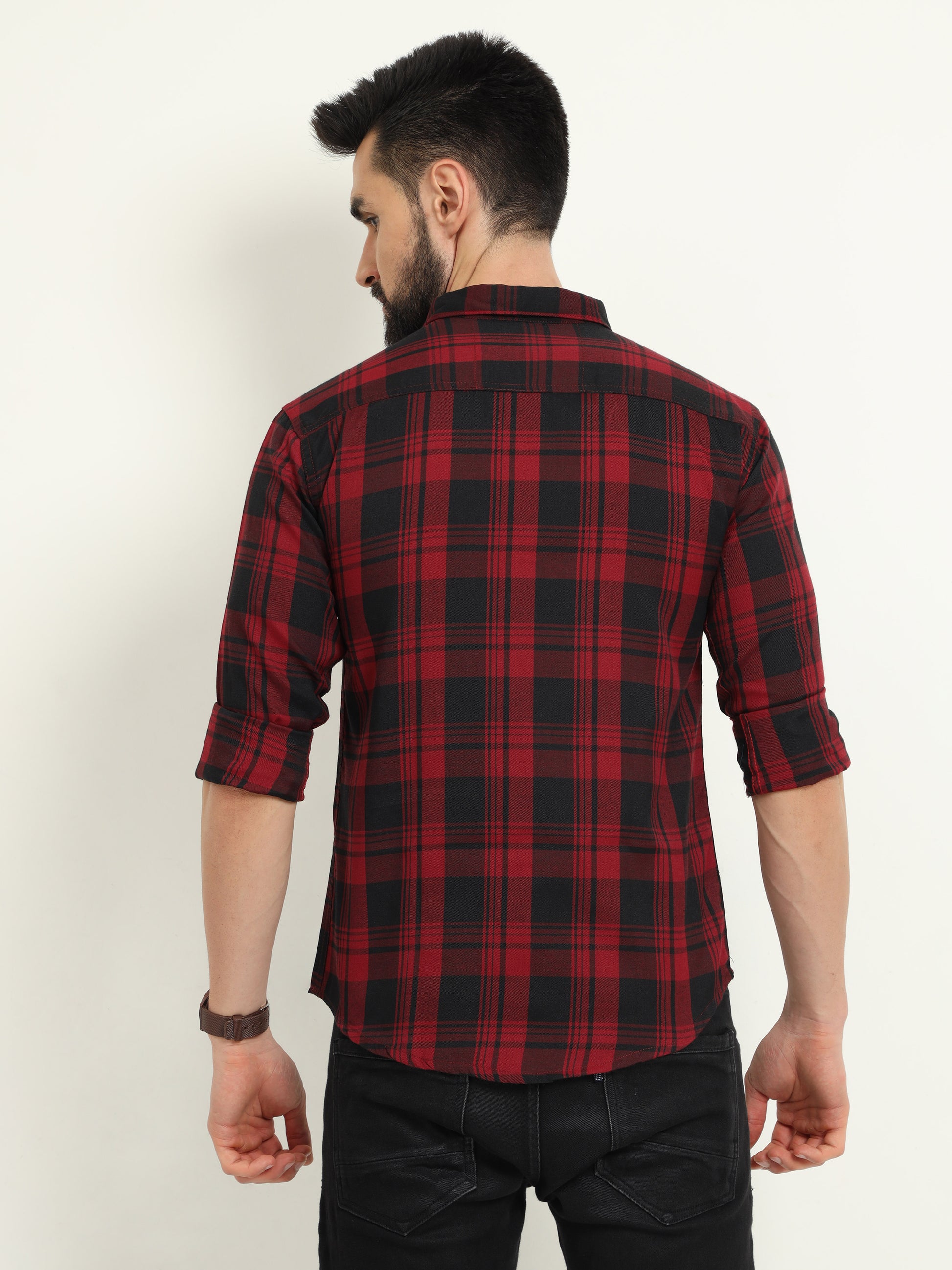 Wanted Cotton Blend Red Plaid Shirt For Men