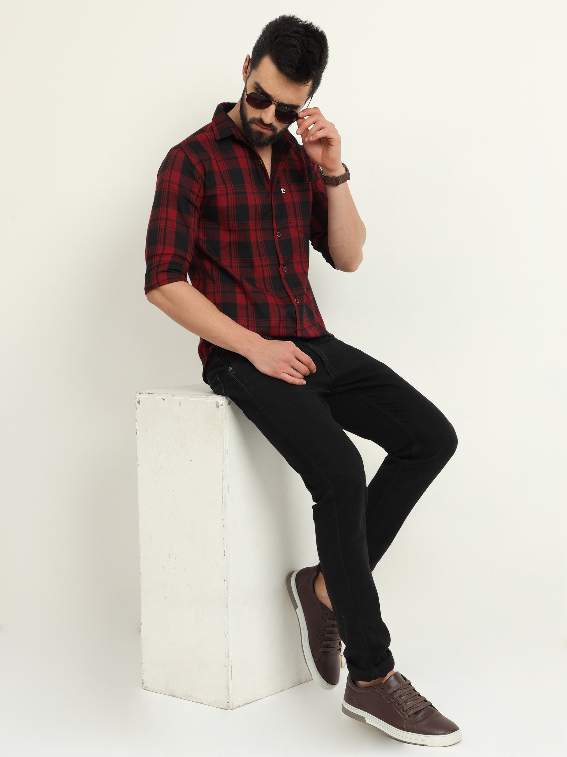 Wanted Cotton Blend Red Plaid Shirt For Men