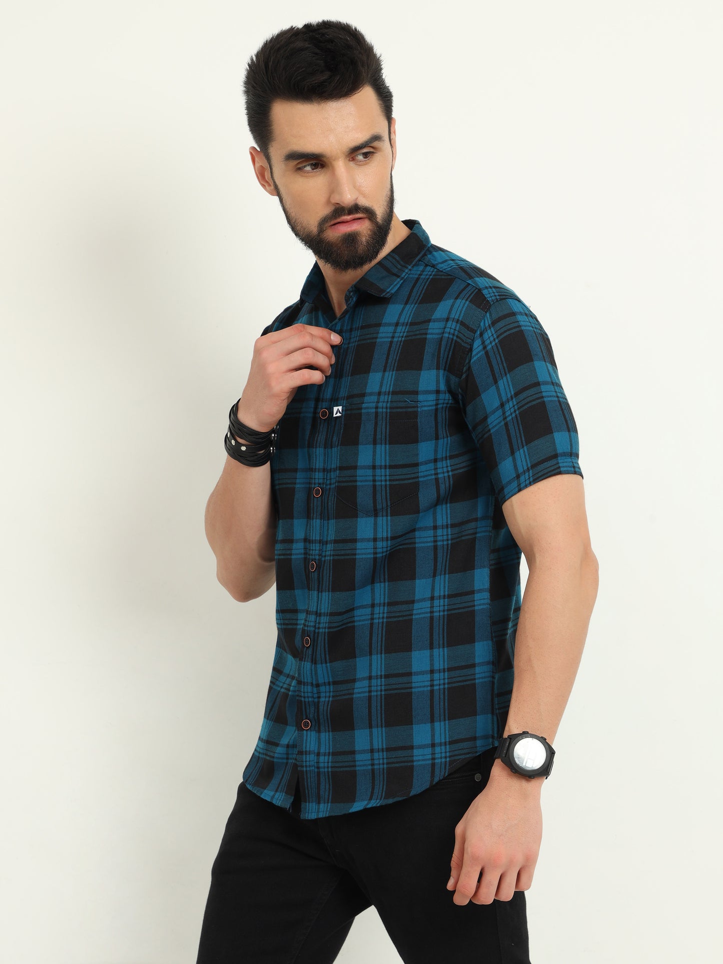 Wanted Navy Half Sleeve Plaid Shirt Cotton Men