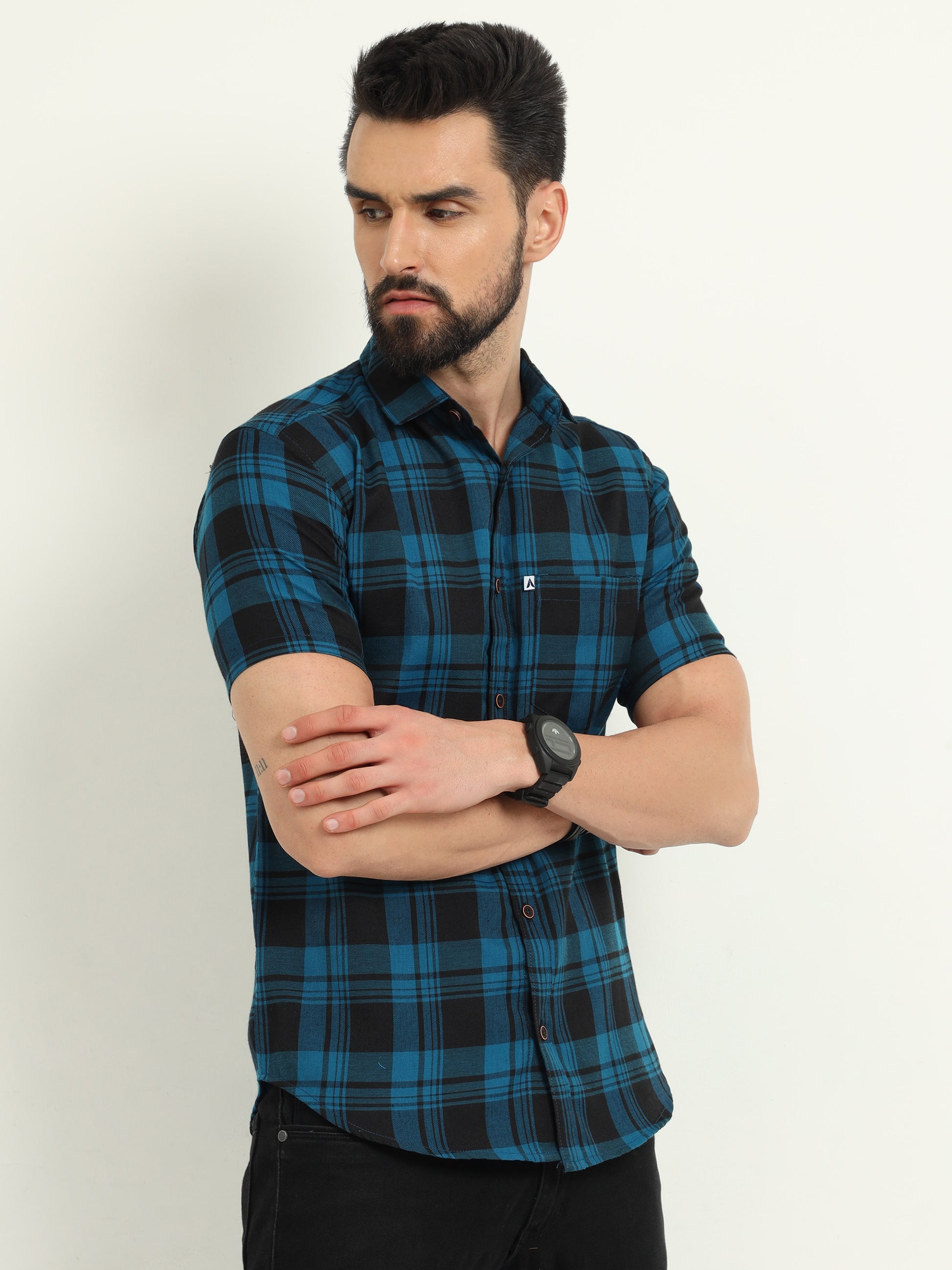 Wanted Navy Half Sleeve Plaid Shirt Cotton Men