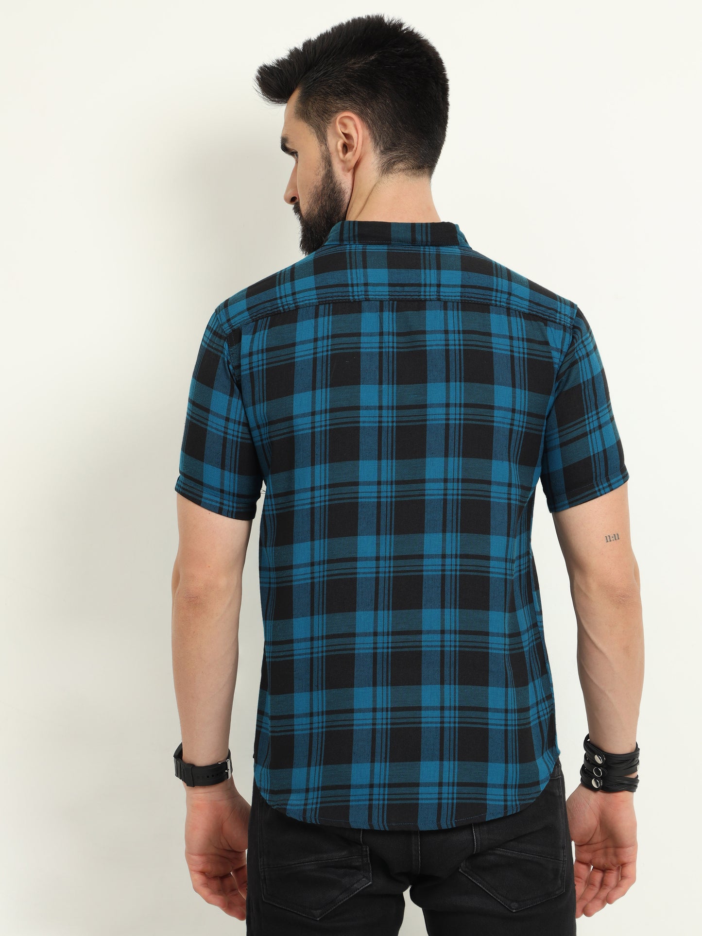 Wanted Navy Half Sleeve Plaid Shirt Cotton Men