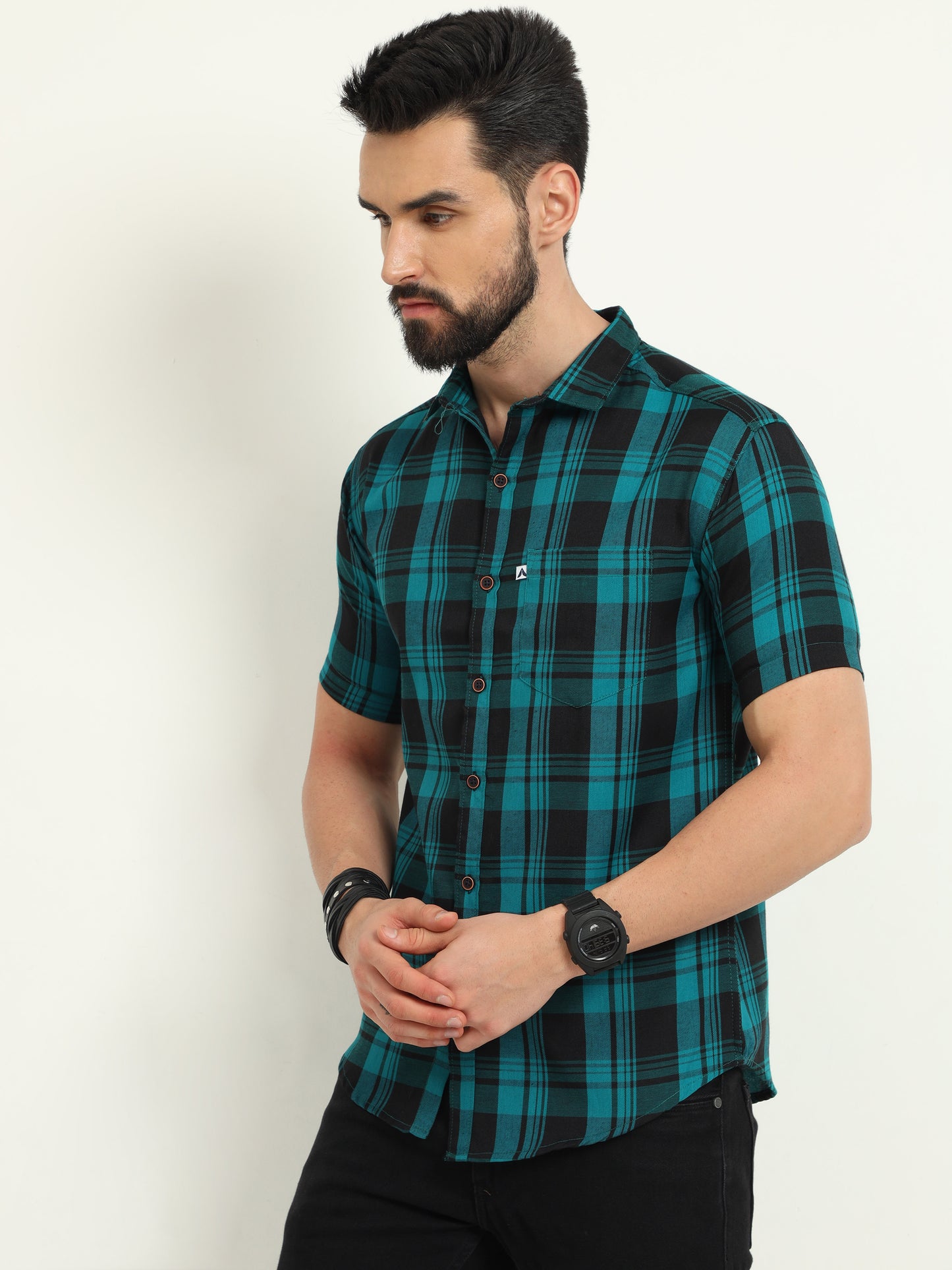 Wanted Cotton Blend Blue Plaid Shirt For Men