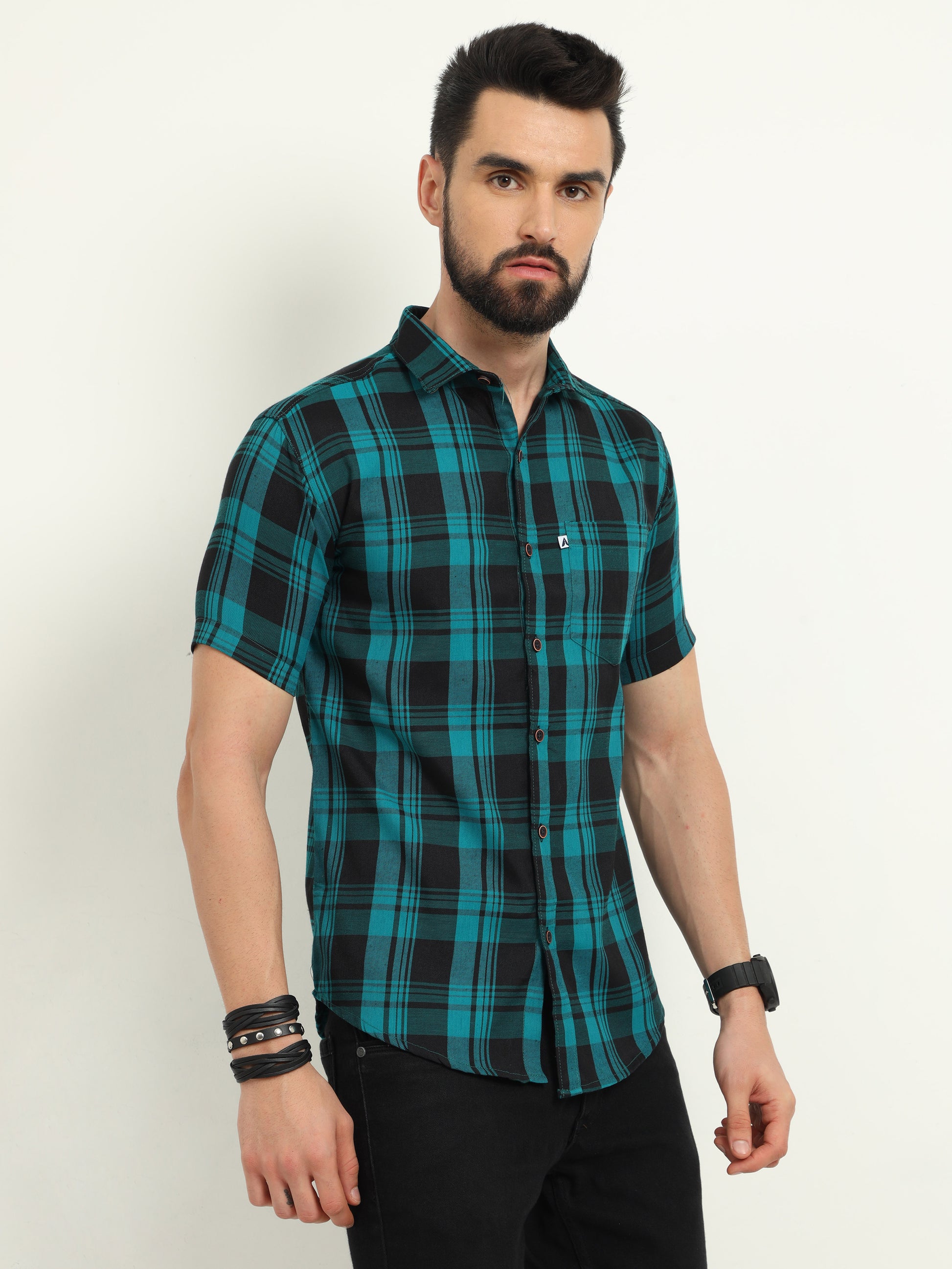 Wanted Cotton Blend Blue Plaid Shirt For Men