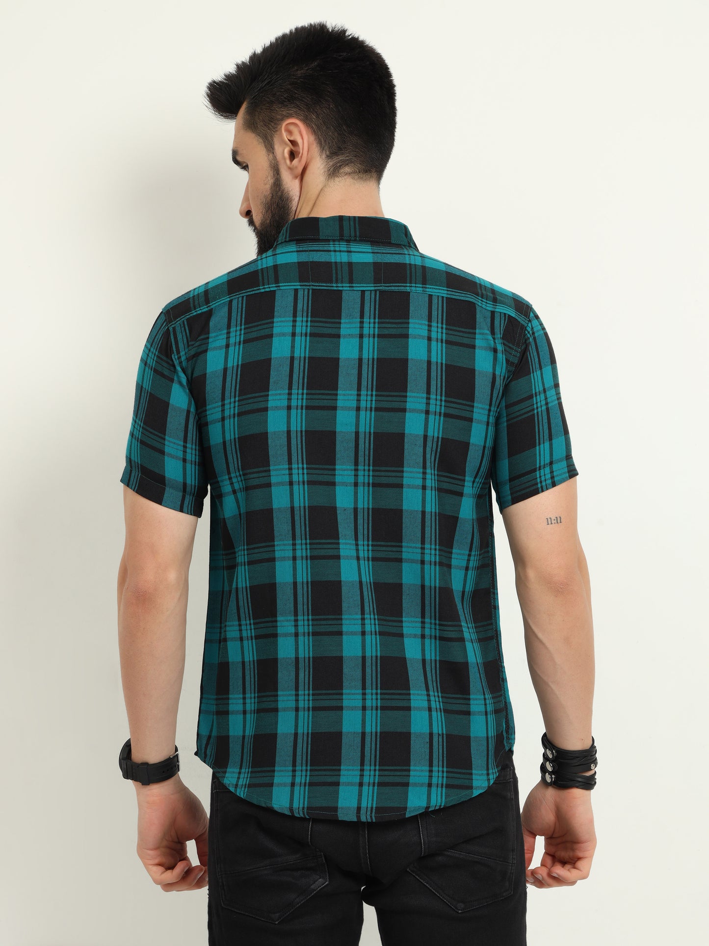 Wanted Cotton Blend Blue Plaid Shirt For Men