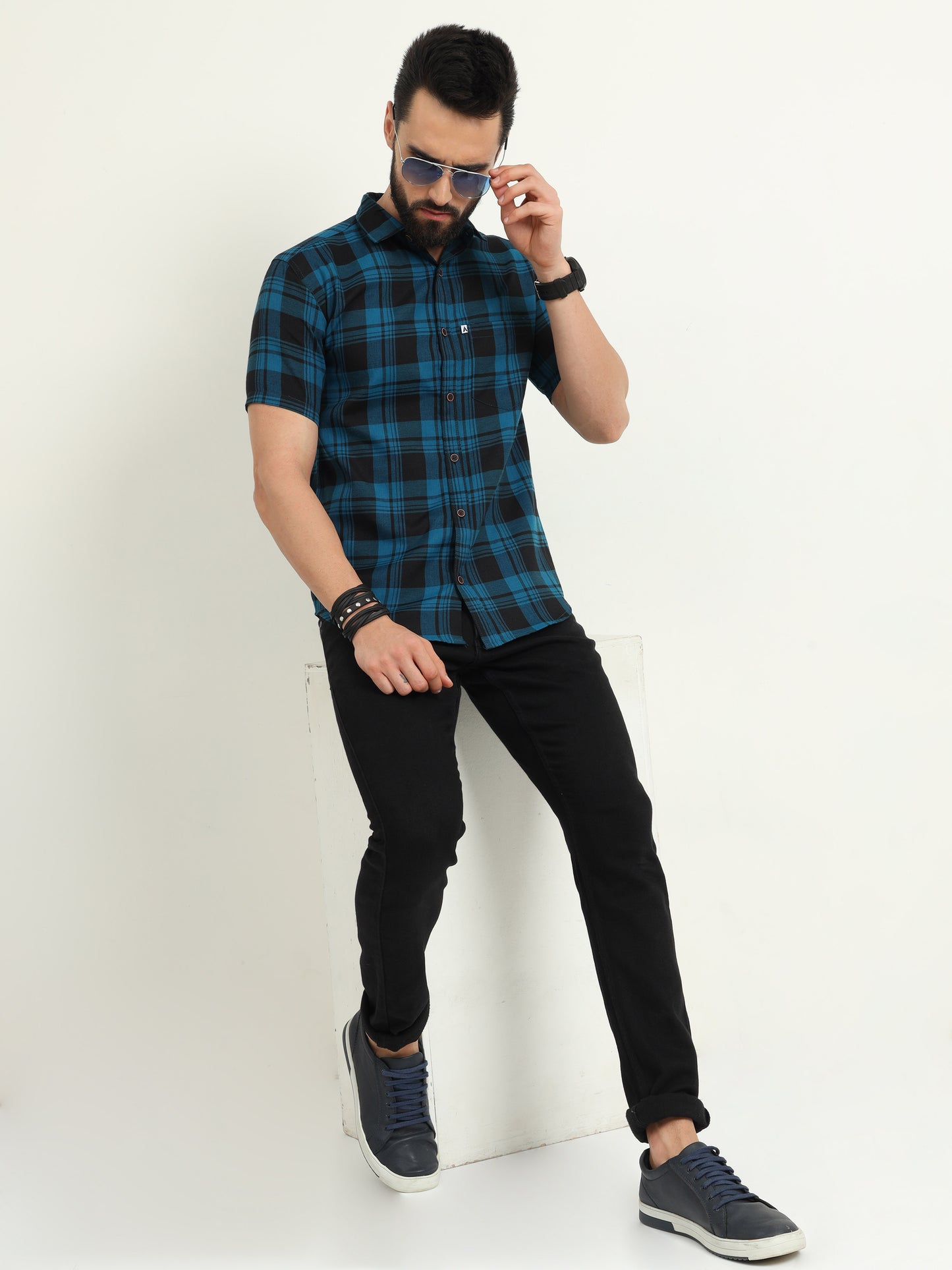 Wanted Navy Half Sleeve Plaid Shirt Cotton Men