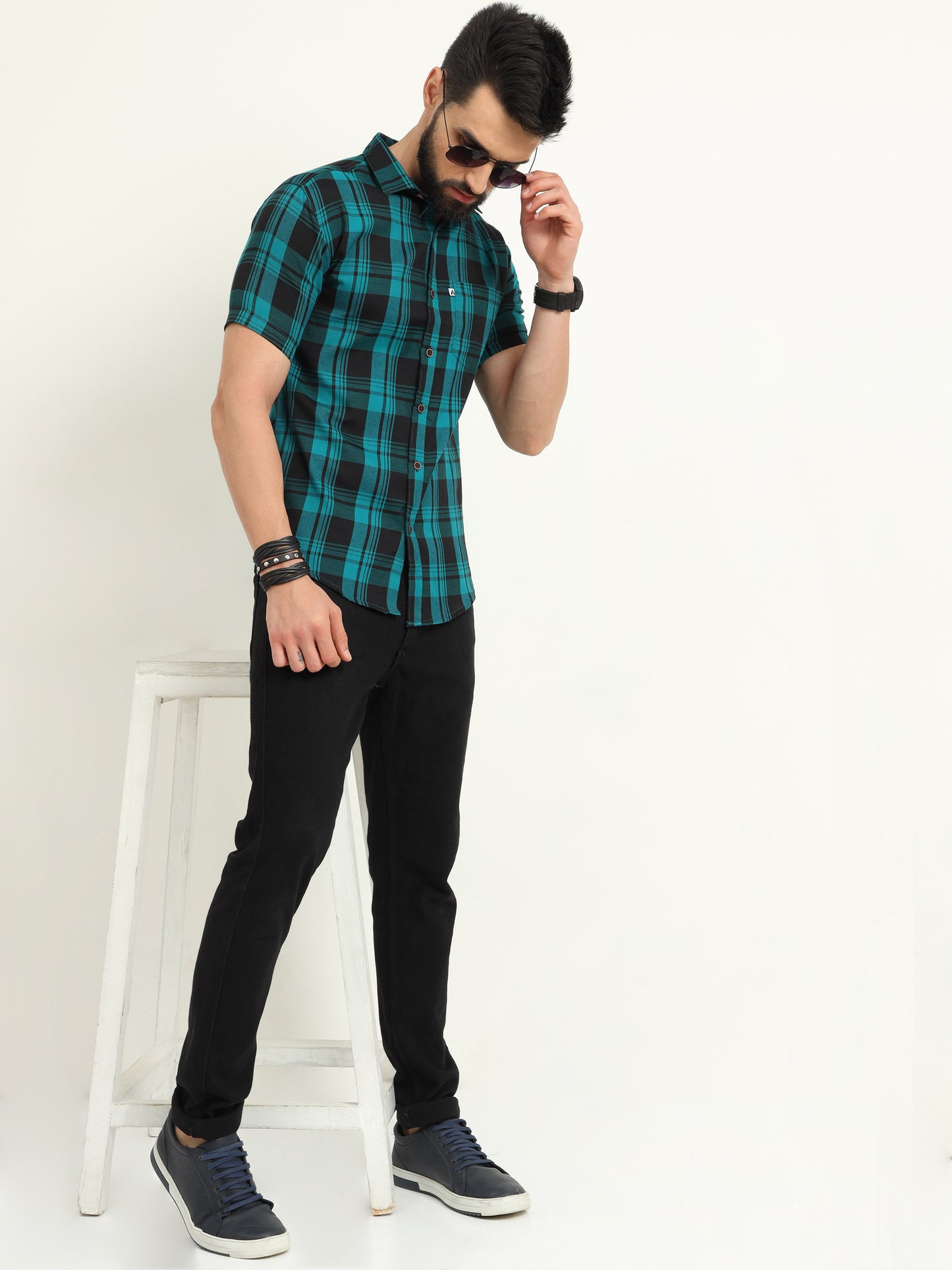 Wanted Cotton Blend Blue Plaid Shirt For Men