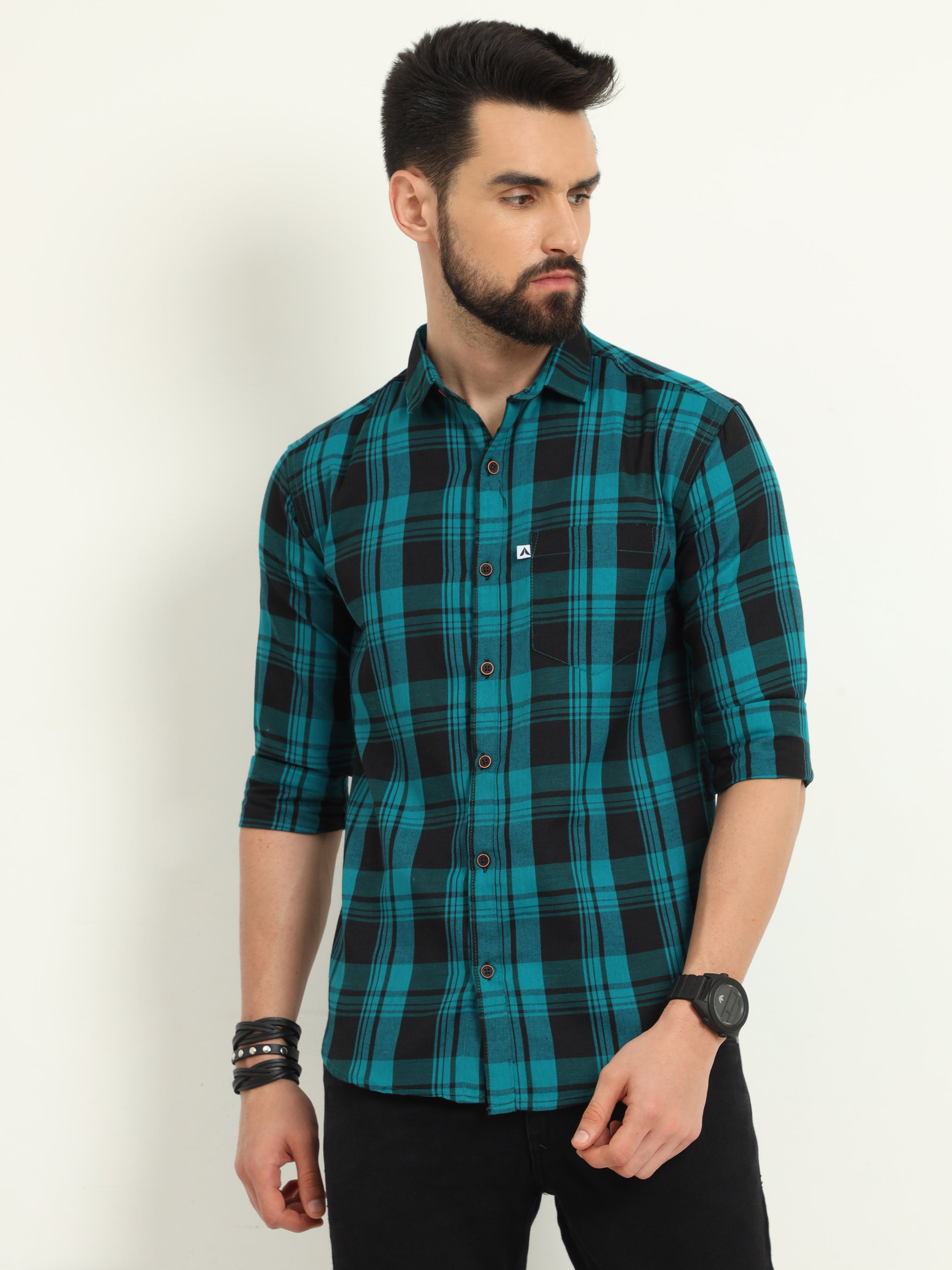 Wanted Cotton Blend Blue Check Shirt For Men Online