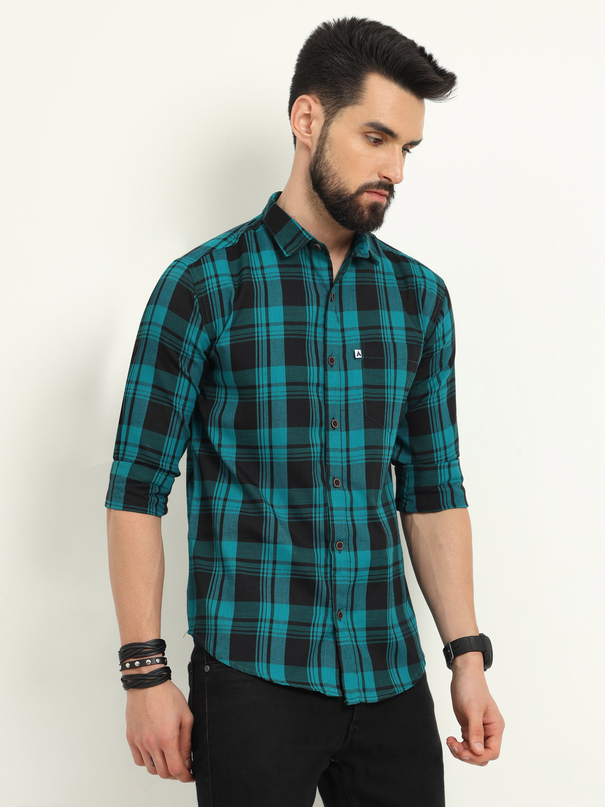 Wanted Cotton Blend Blue Check Shirt For Men Online