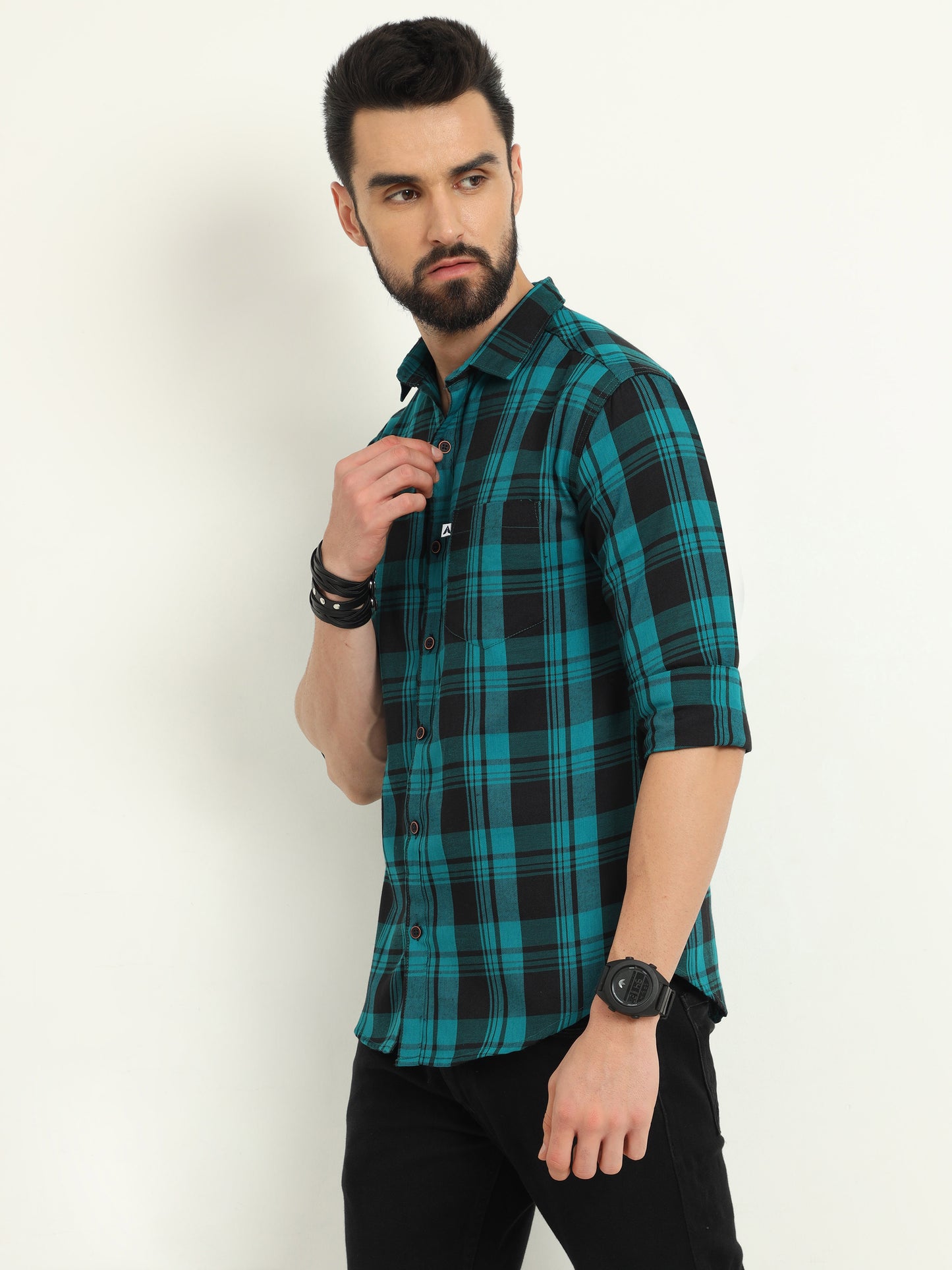 Wanted Cotton Blend Blue Check Shirt For Men Online