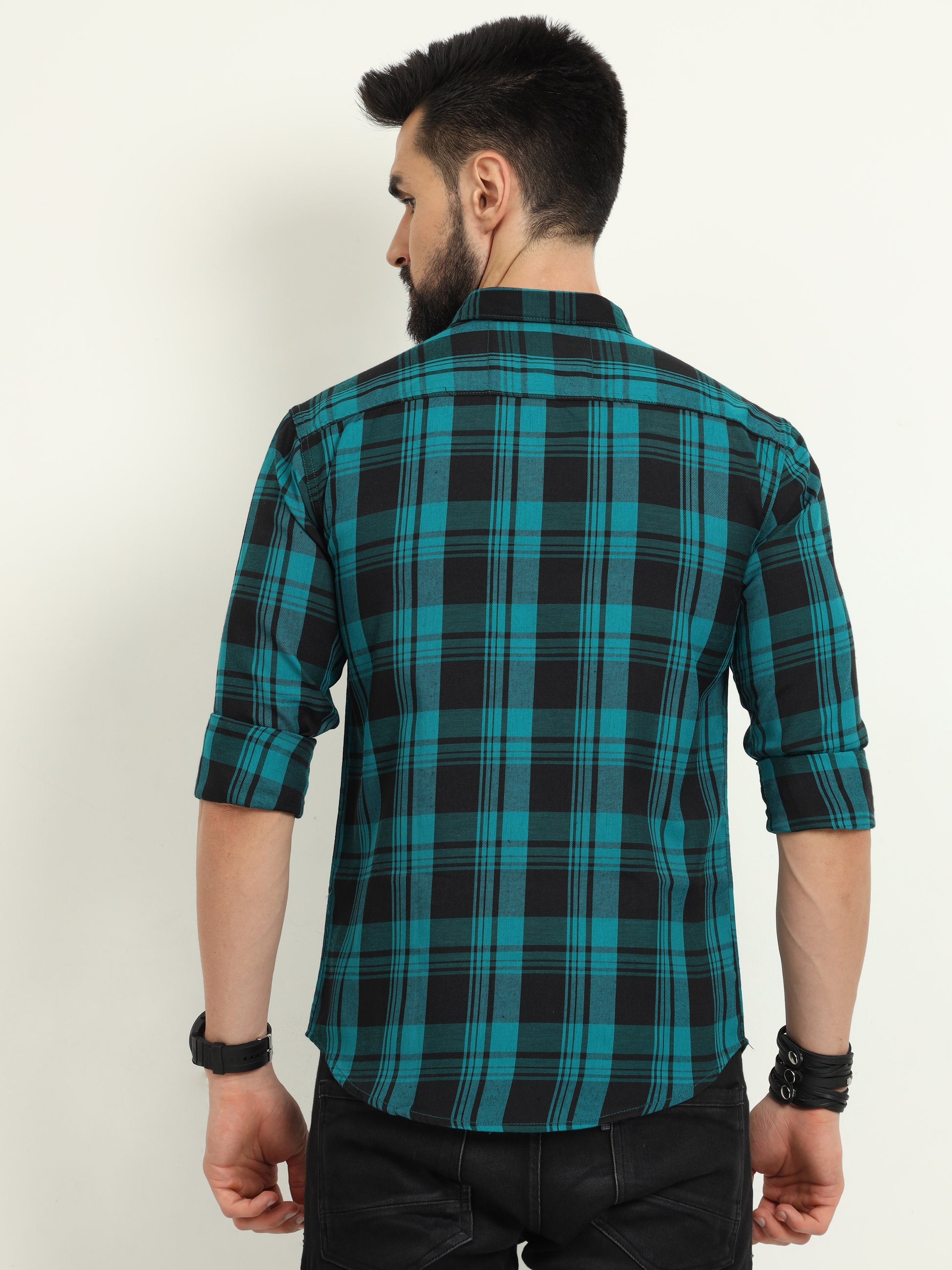 Wanted Cotton Blend Blue Check Shirt For Men Online