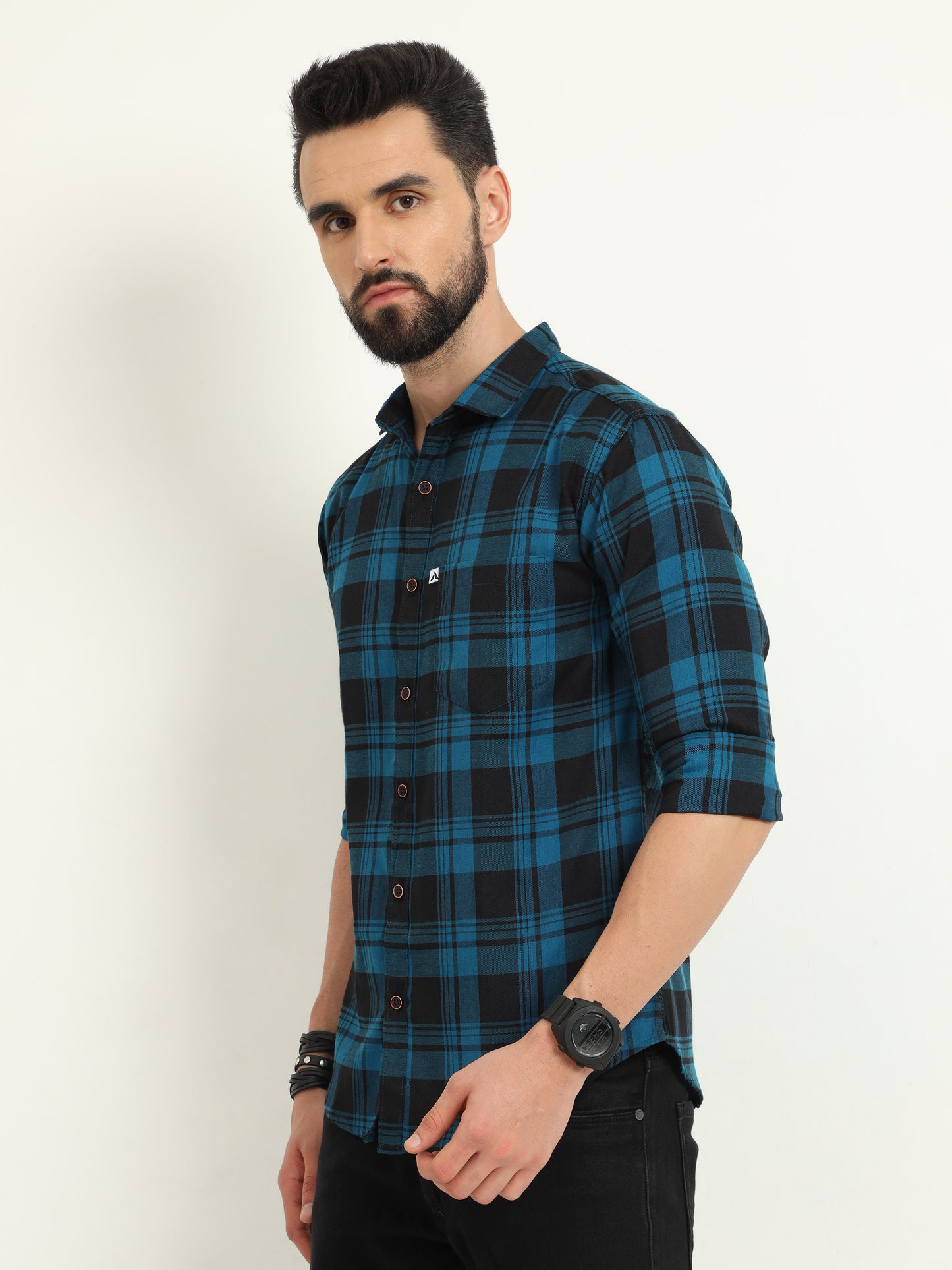 Wanted Cotton Blend Navy Plaid Shirt For Men