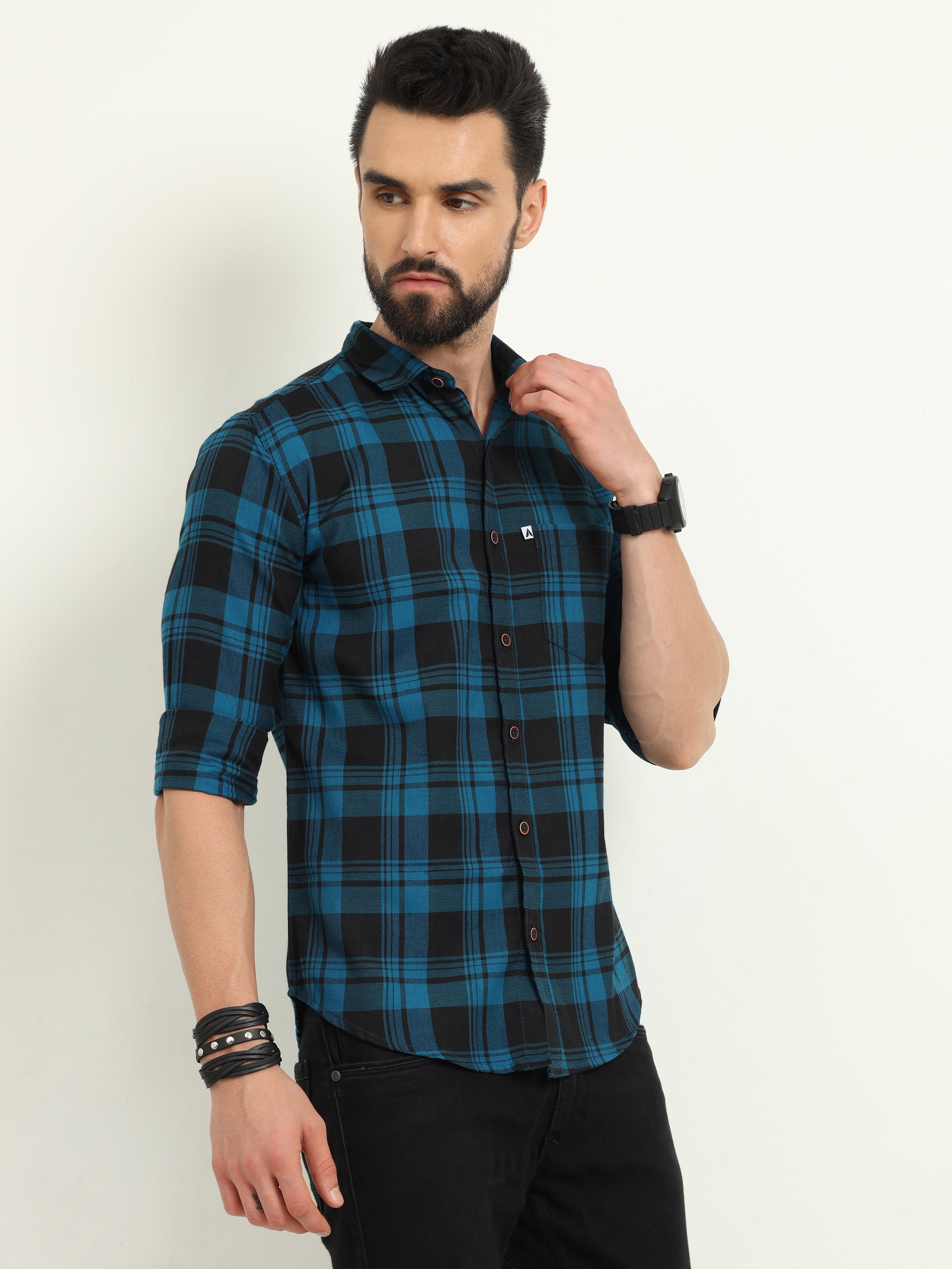 Wanted Cotton Blend Navy Plaid Shirt For Men