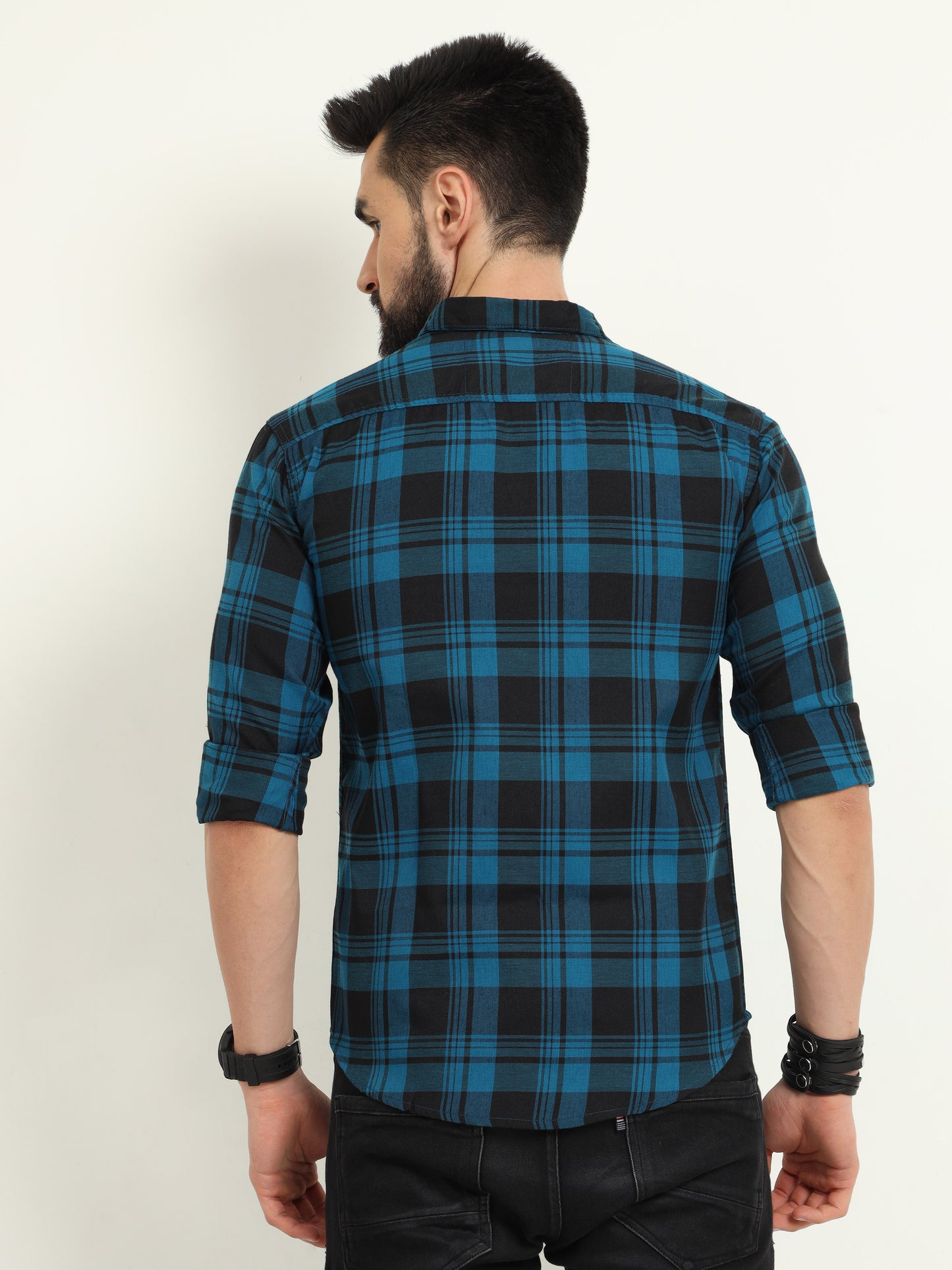 Wanted Cotton Blend Navy Plaid Shirt For Men