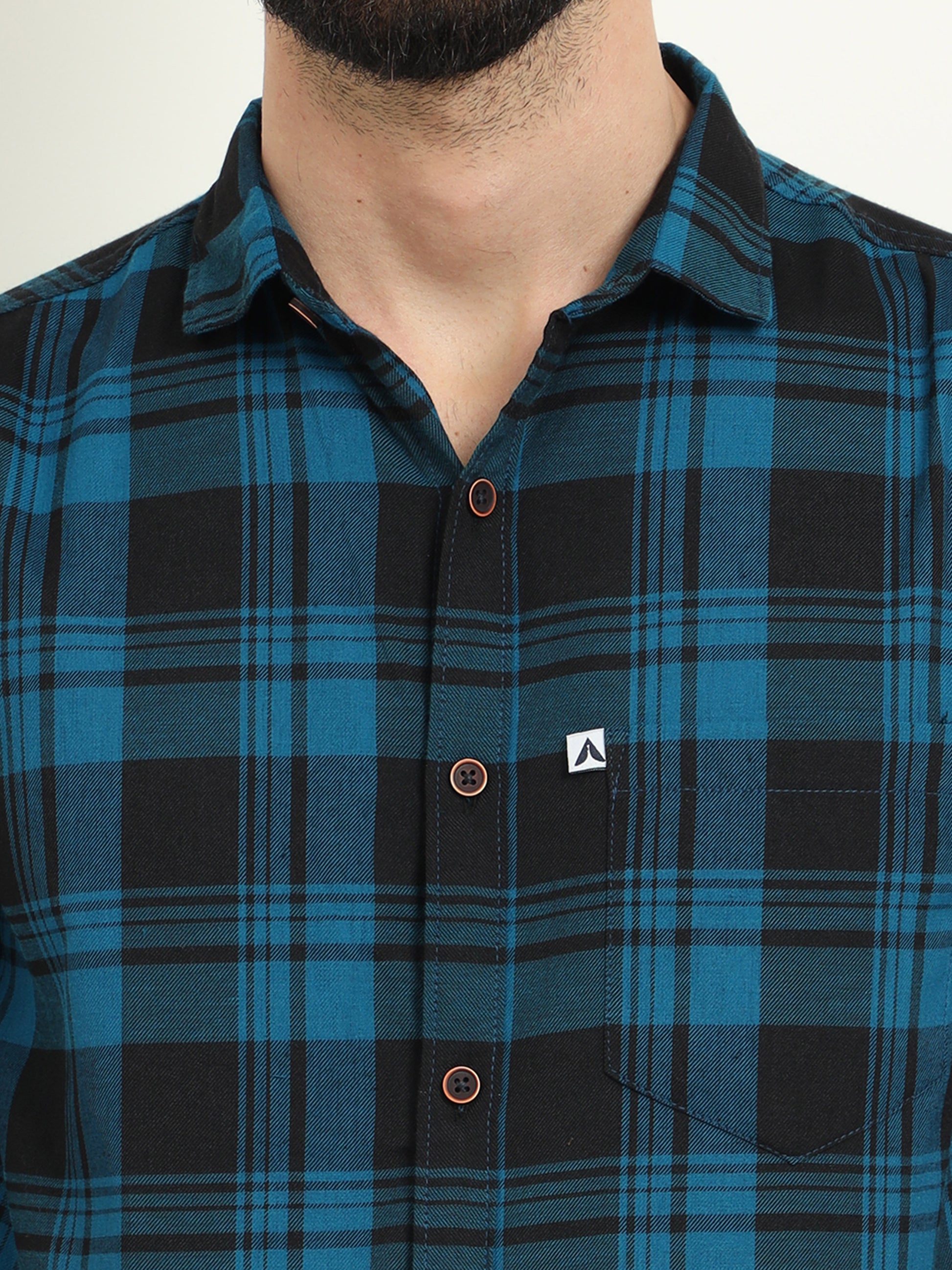 Wanted Cotton Blend Navy Plaid Shirt For Men