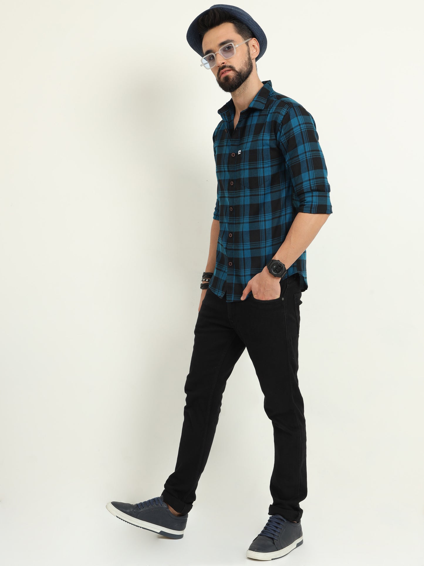 Wanted Cotton Blend Navy Plaid Shirt For Men