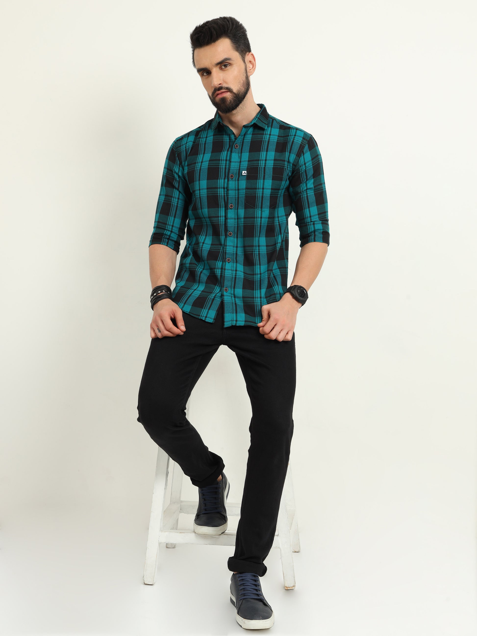 Wanted Cotton Blend Blue Check Shirt For Men Online