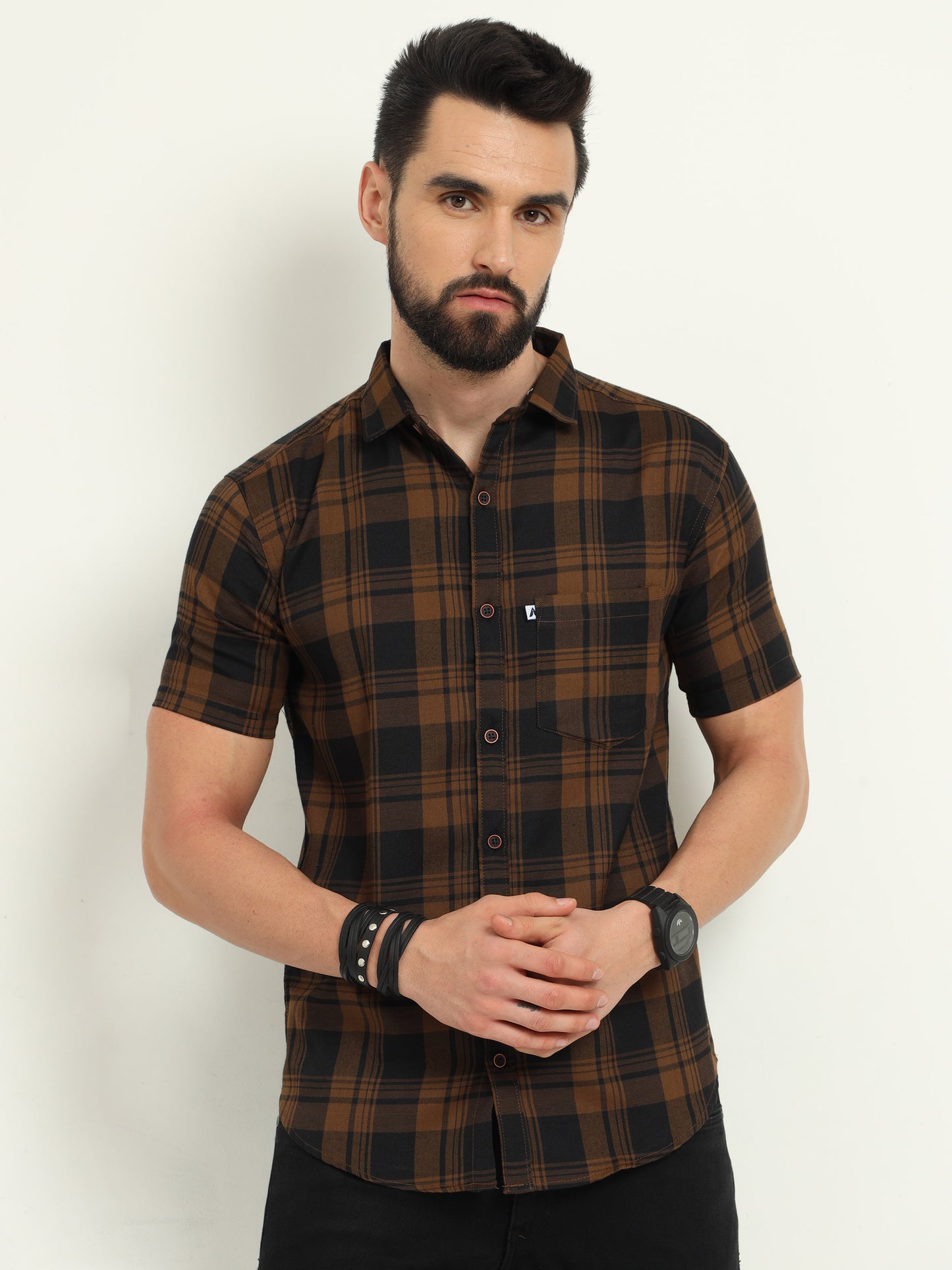 Wanted Brown Cotton Blend Half Sleeve Checks Shirt For Men