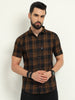 Wanted Brown Cotton Blend Half Sleeve Checks Shirt For Men