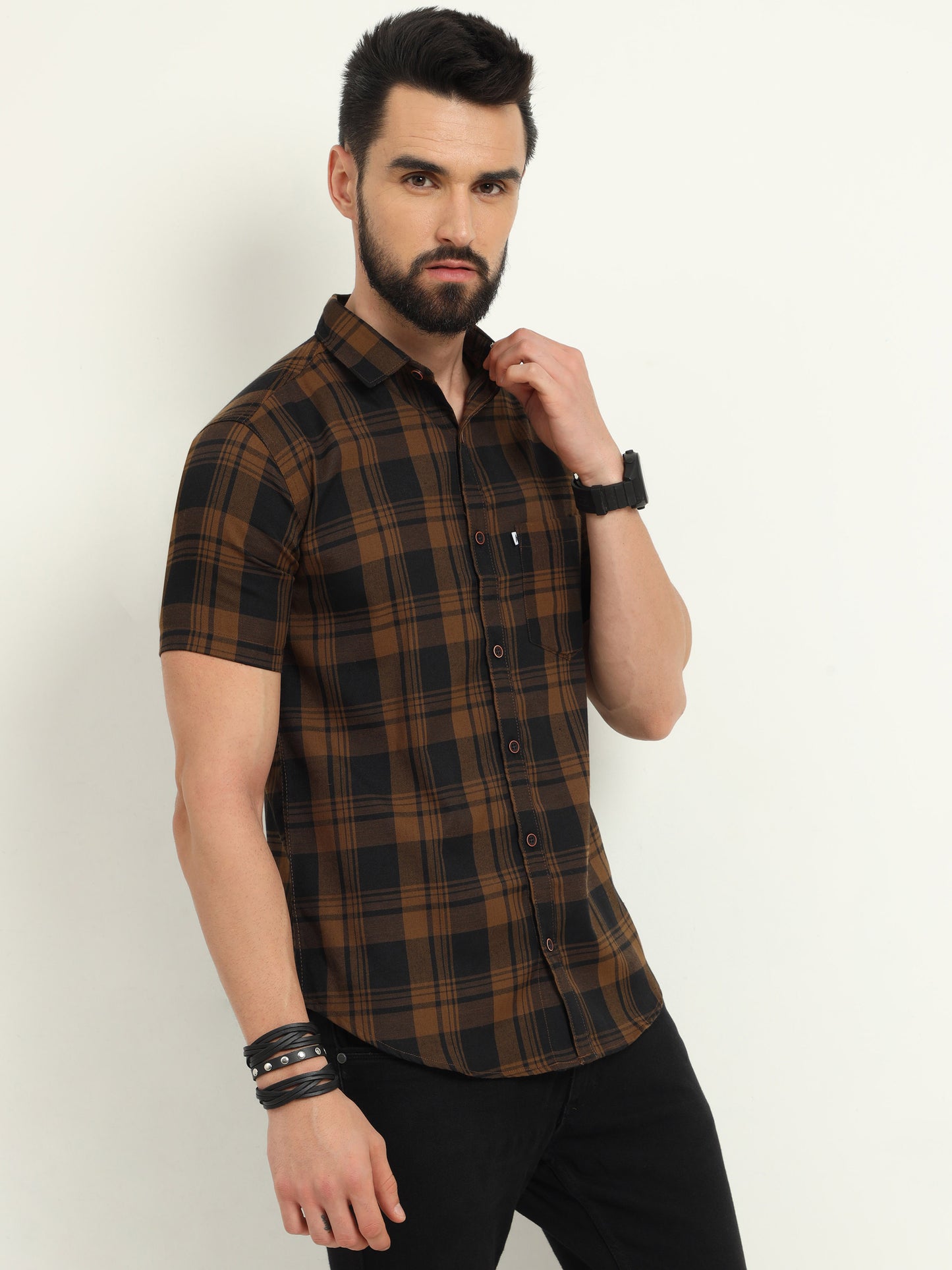 Wanted Brown Cotton Blend Half Sleeve Checks Shirt For Men
