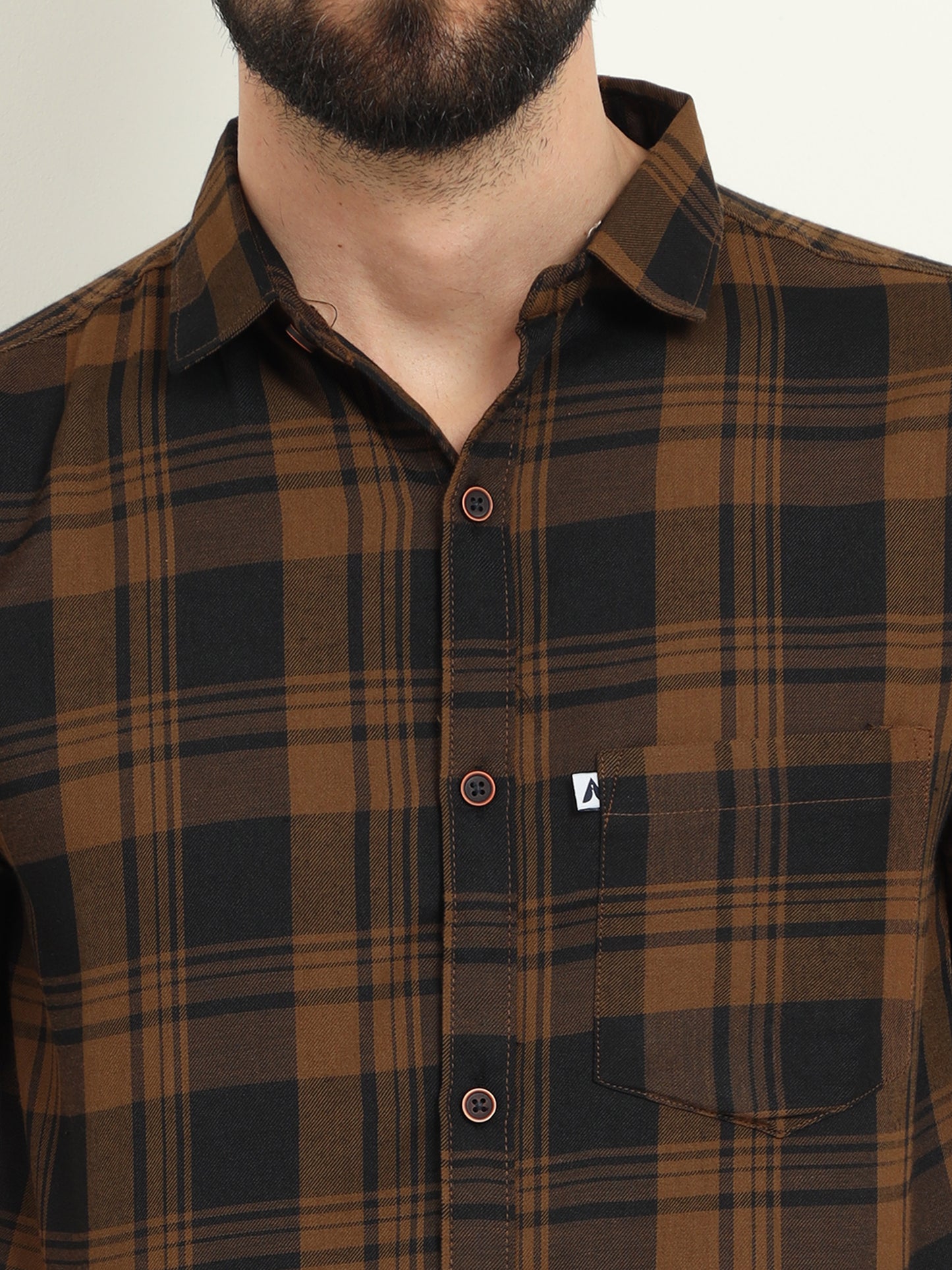 Wanted Brown Cotton Blend Half Sleeve Checks Shirt For Men