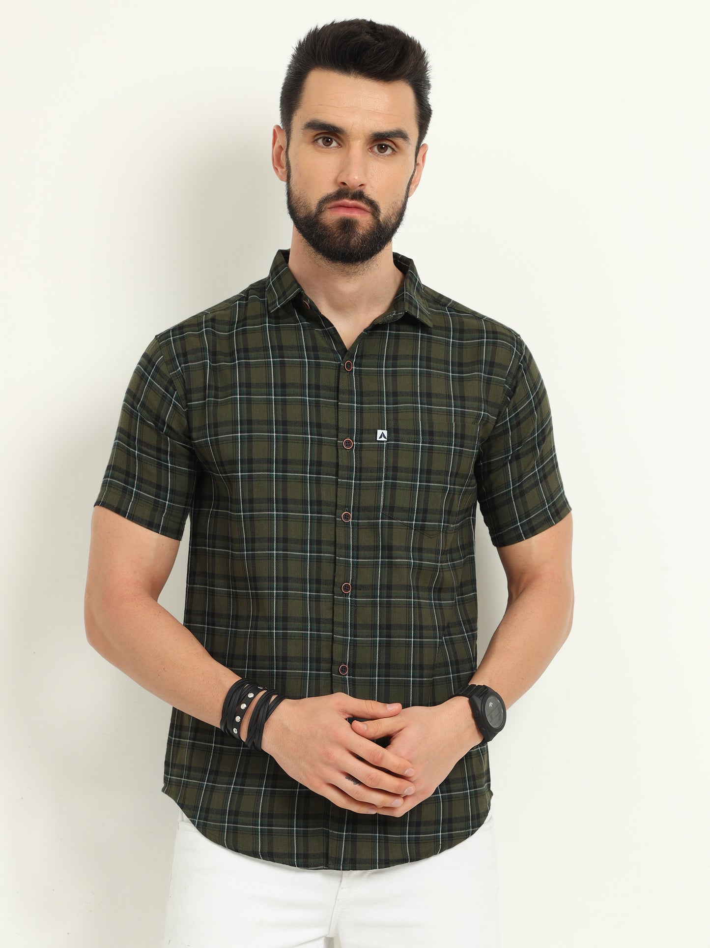 Half Sleeve Tartan Green Check Shirt for Men