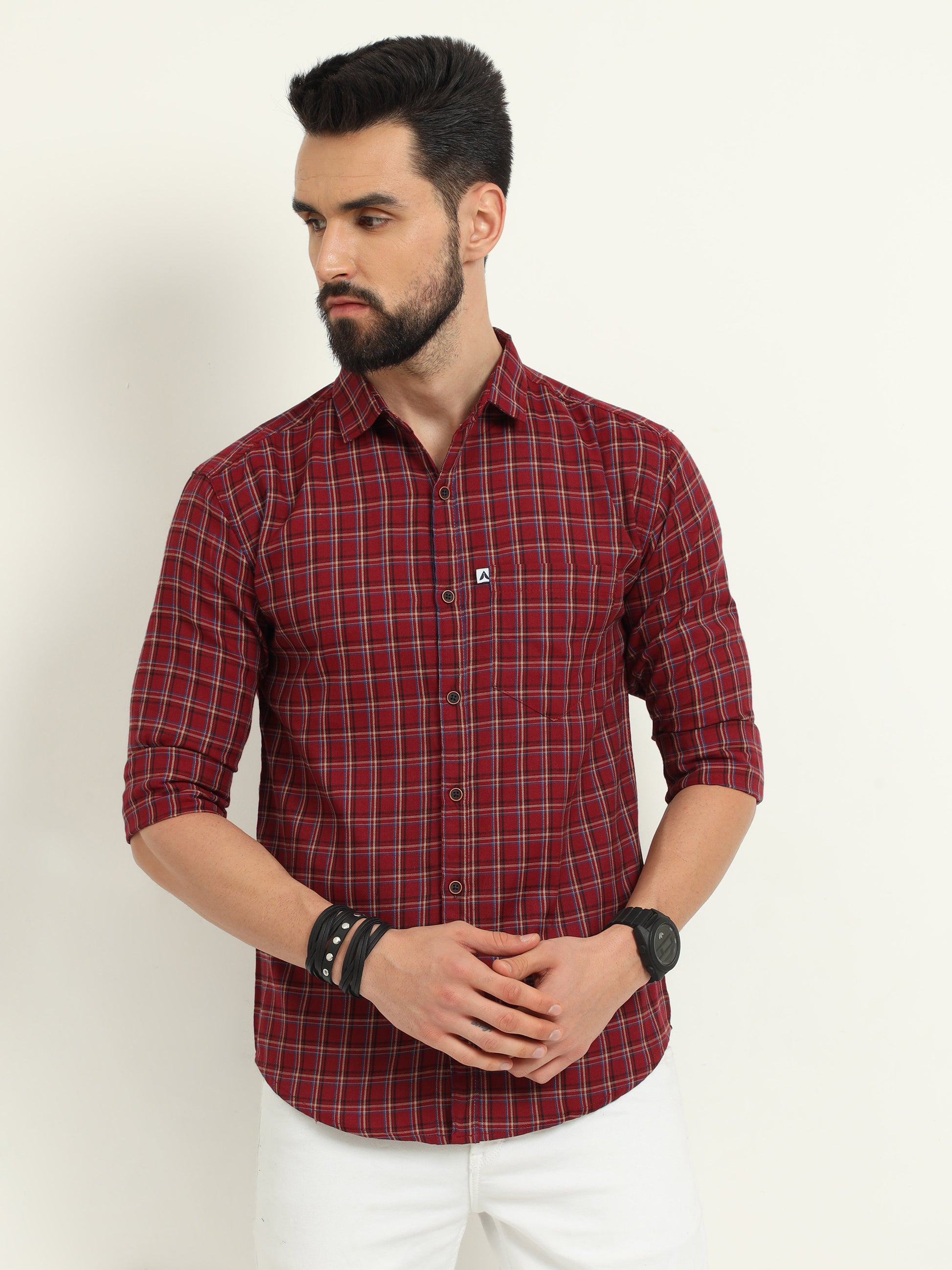 Cotton Mini Rust Red Plaid Shirt for Men