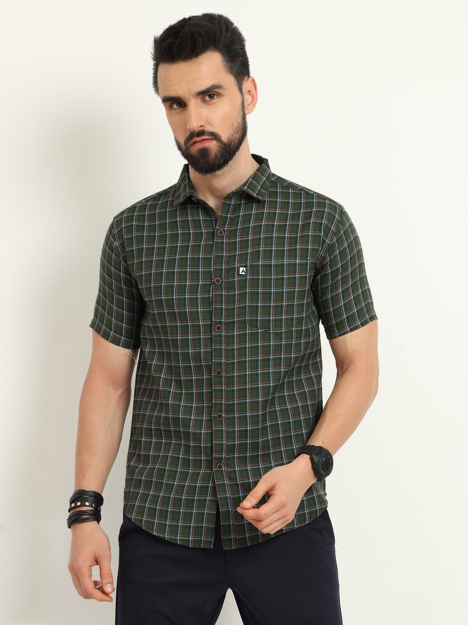 Half Sleeve Tattersall Mens Green Checked Shirt Regular Fit