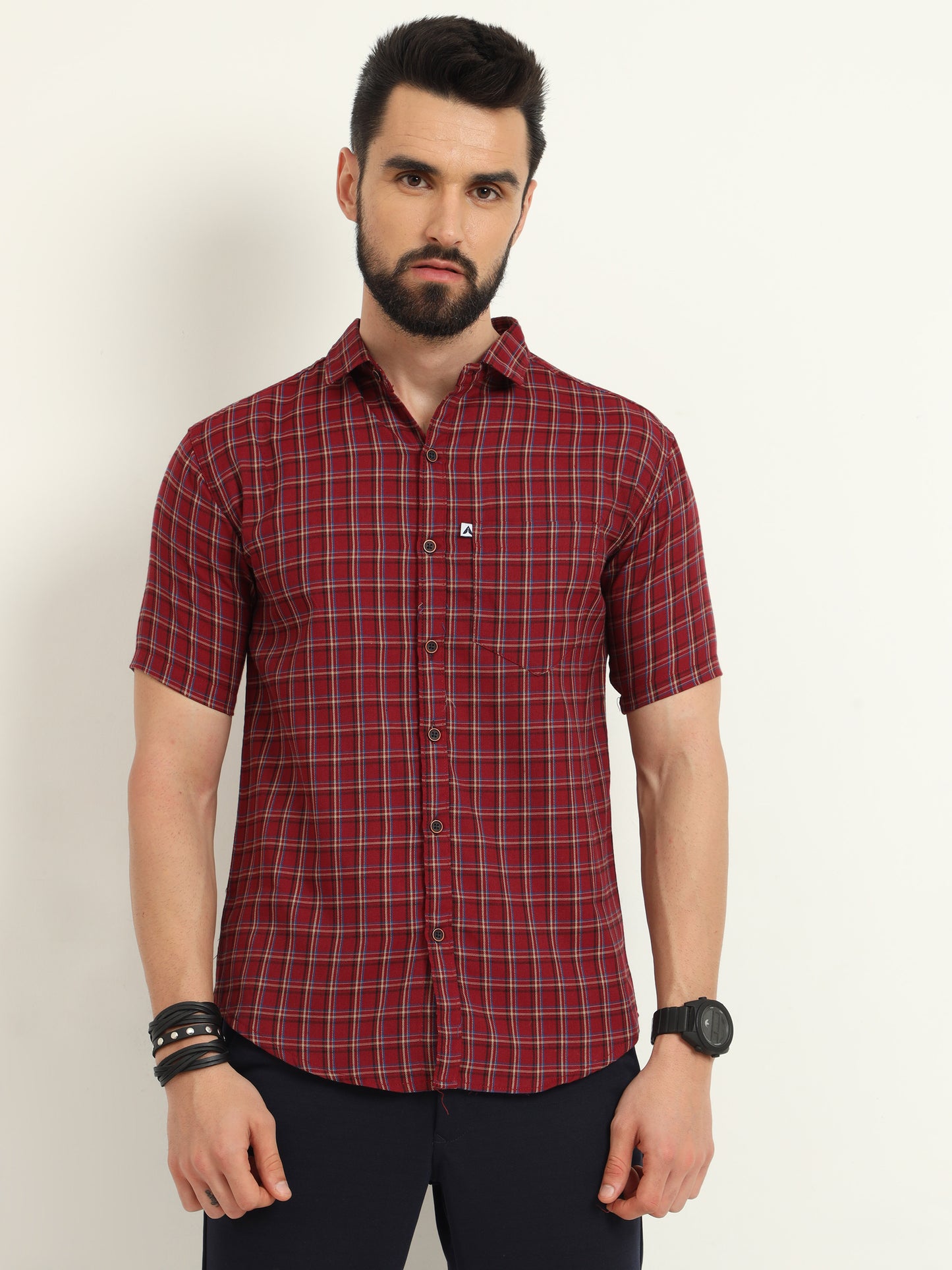 Half Sleeve Tattersall Red Check Shirt Regular Fit