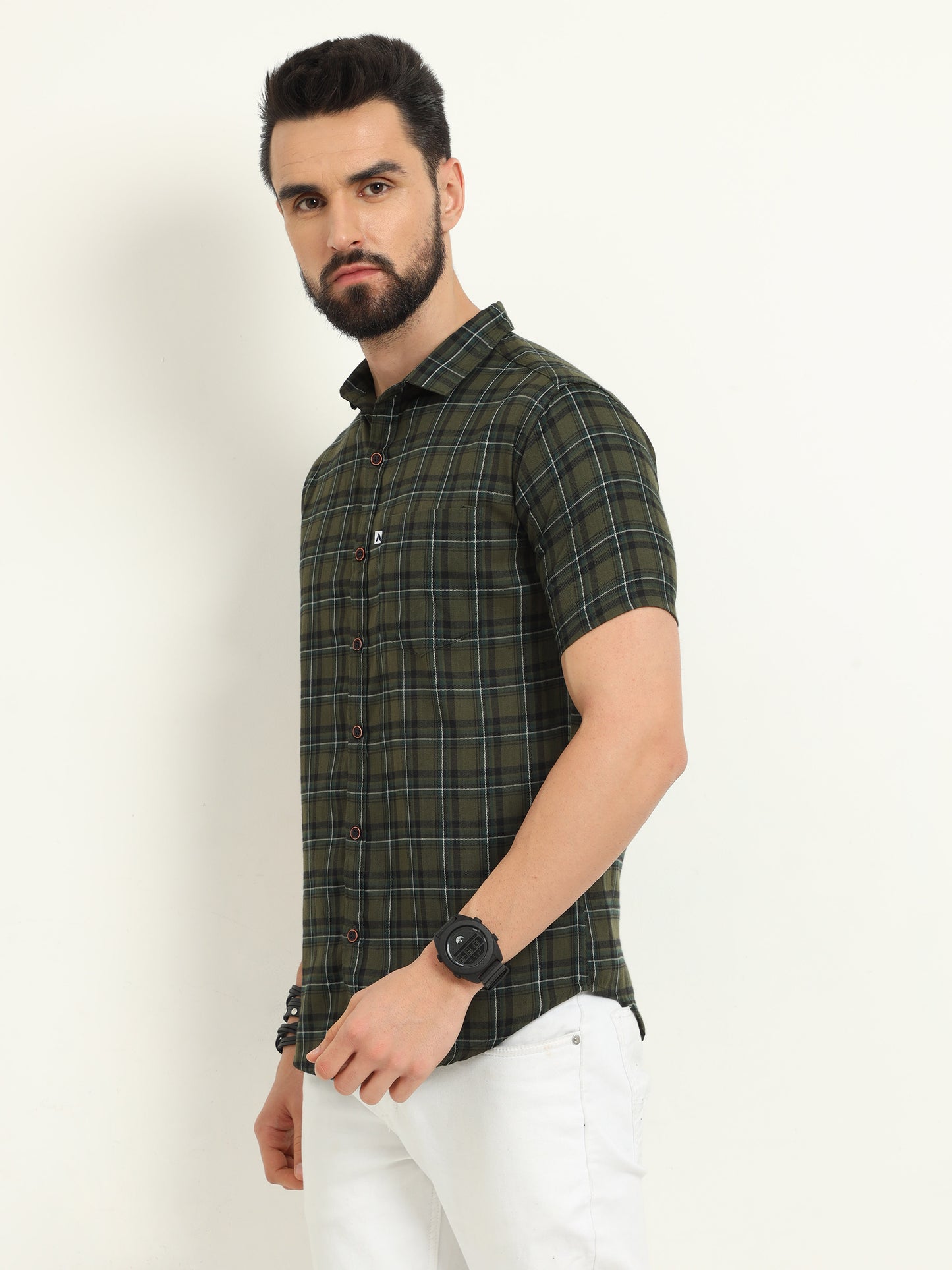 Half Sleeve Tartan Green Check Shirt for Men