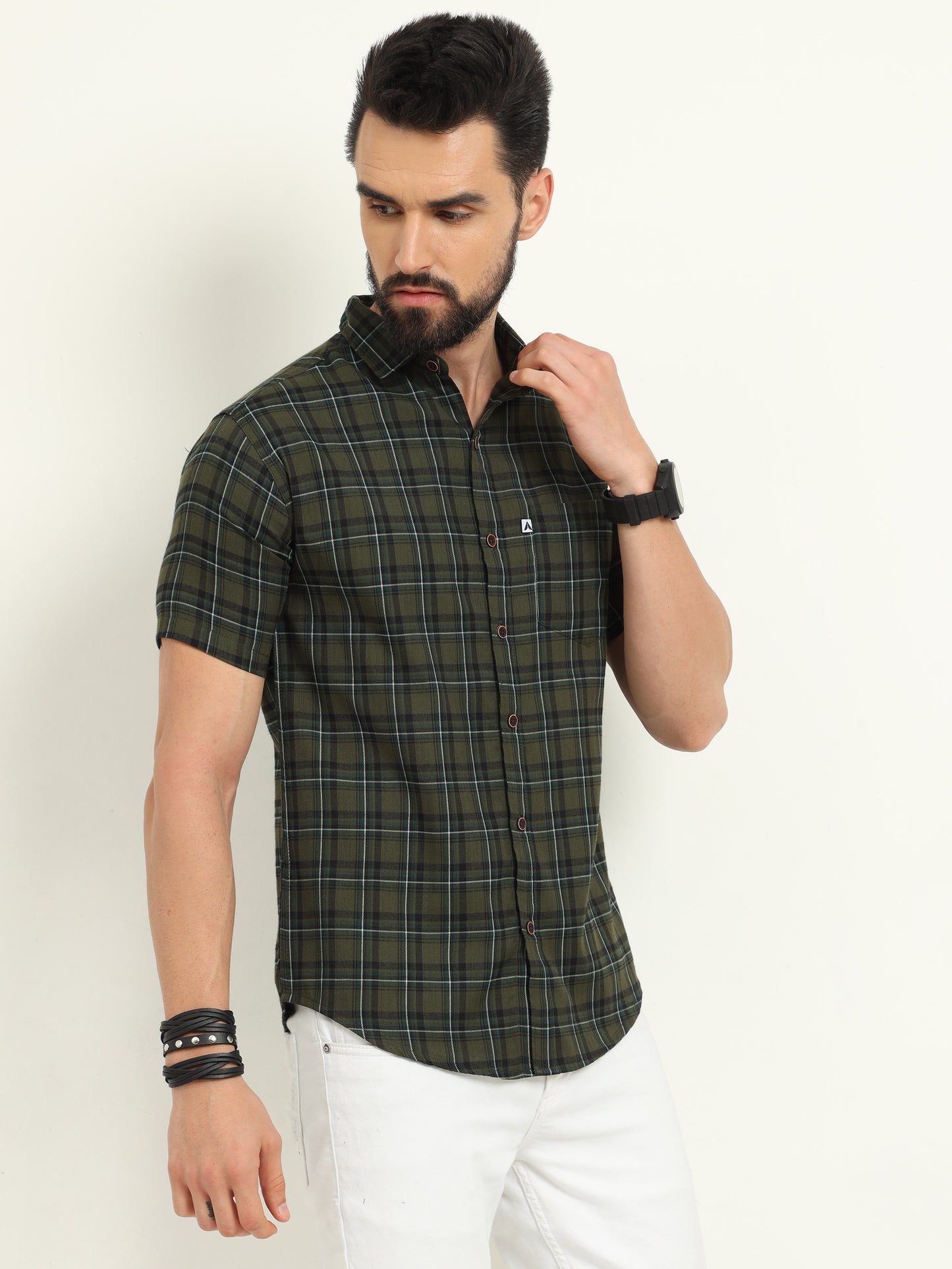 Half Sleeve Tartan Green Check Shirt for Men