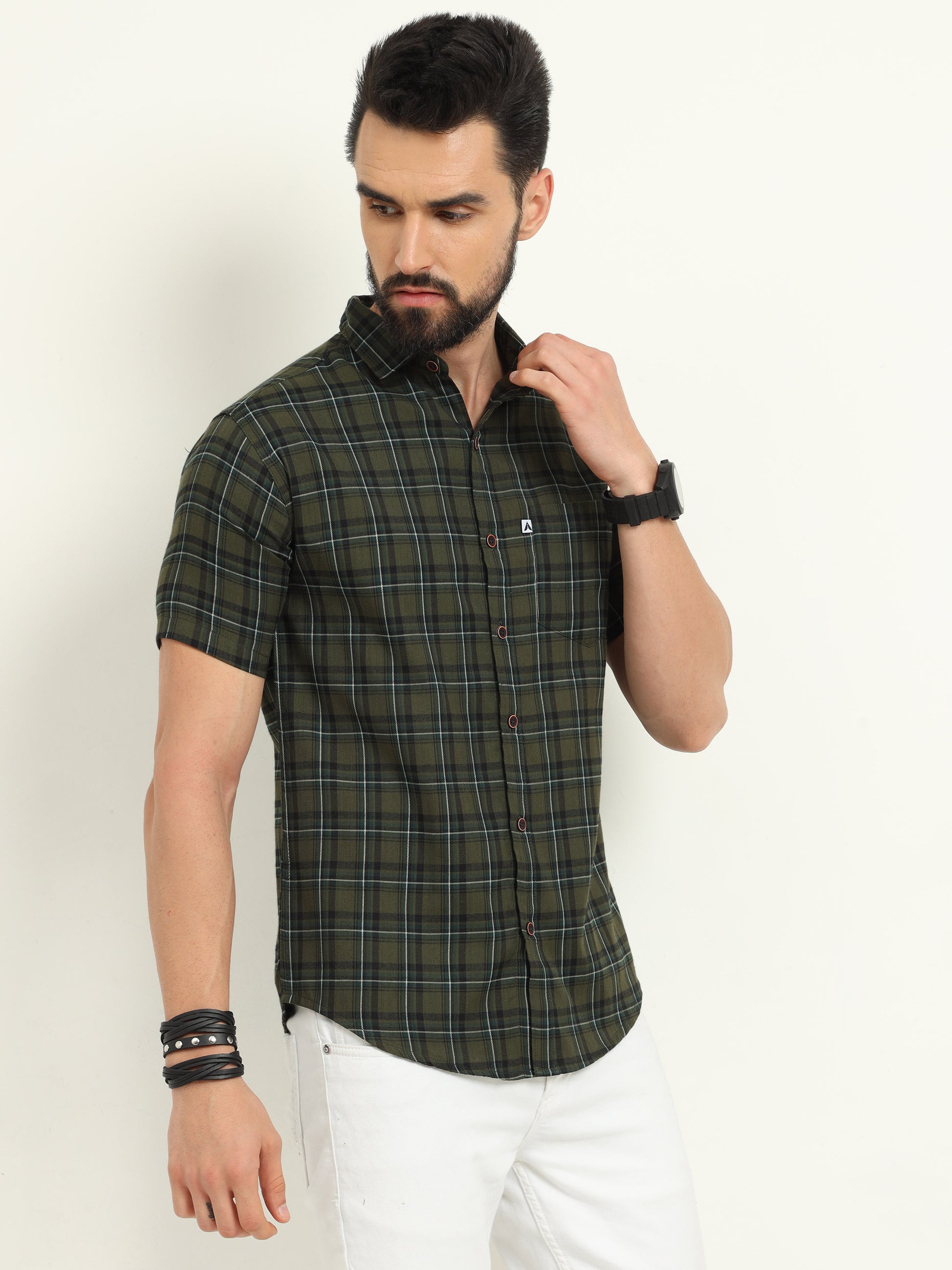 Half Sleeve Tartan Green Check Shirt for Men