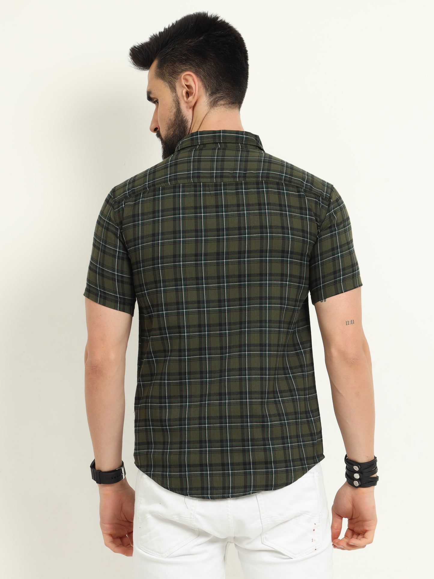 Half Sleeve Tartan Green Check Shirt for Men
