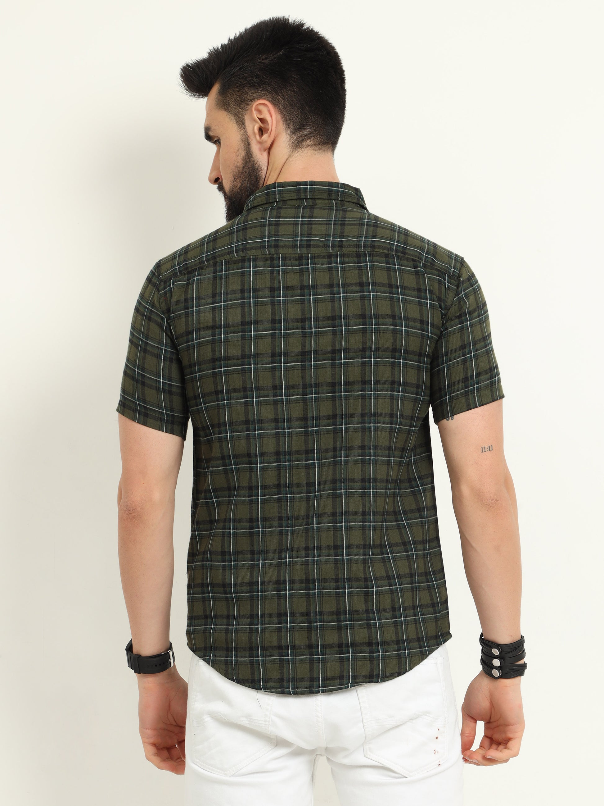 Half Sleeve Tartan Green Check Shirt for Men