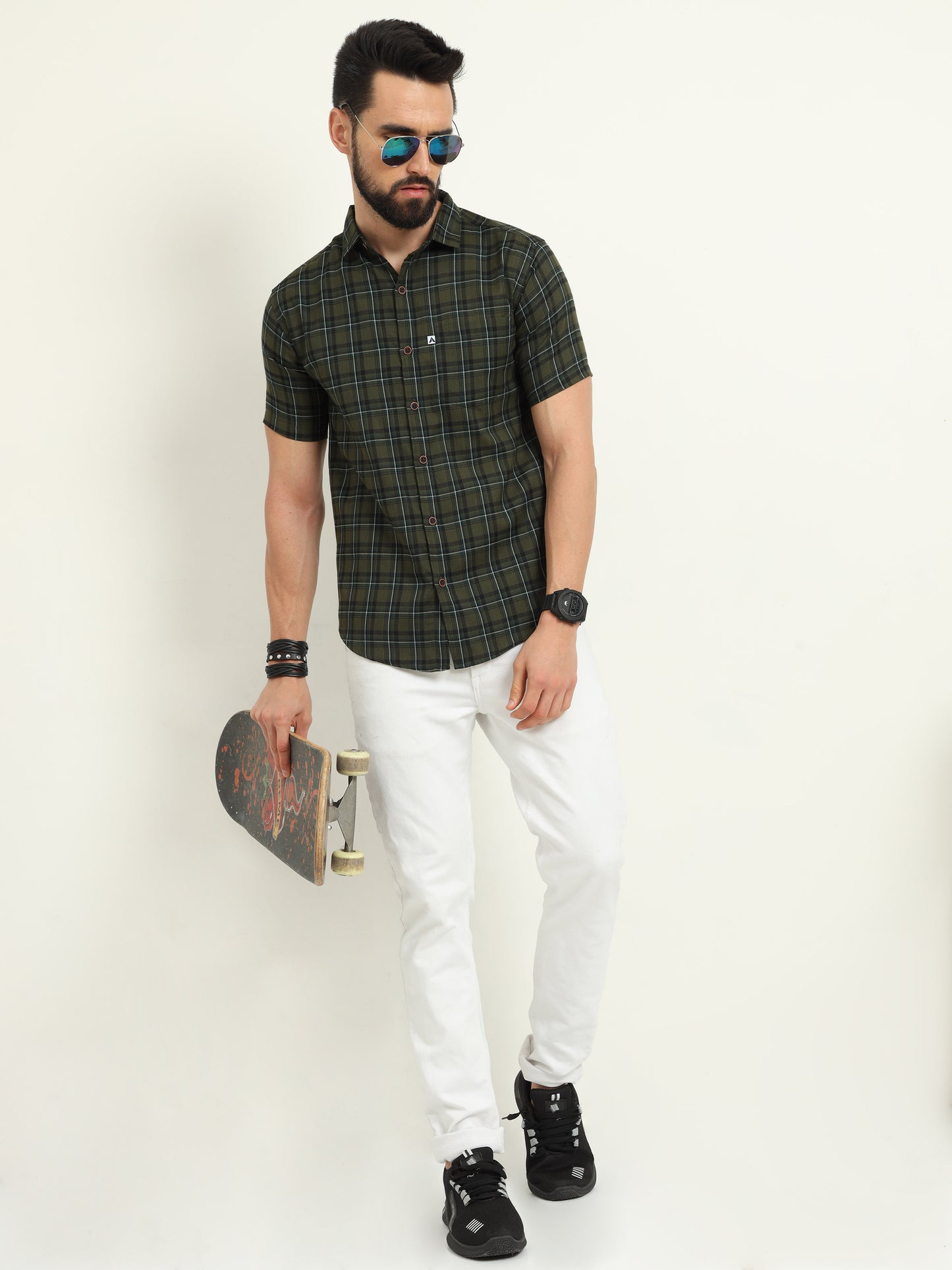 Half Sleeve Tartan Green Check Shirt for Men