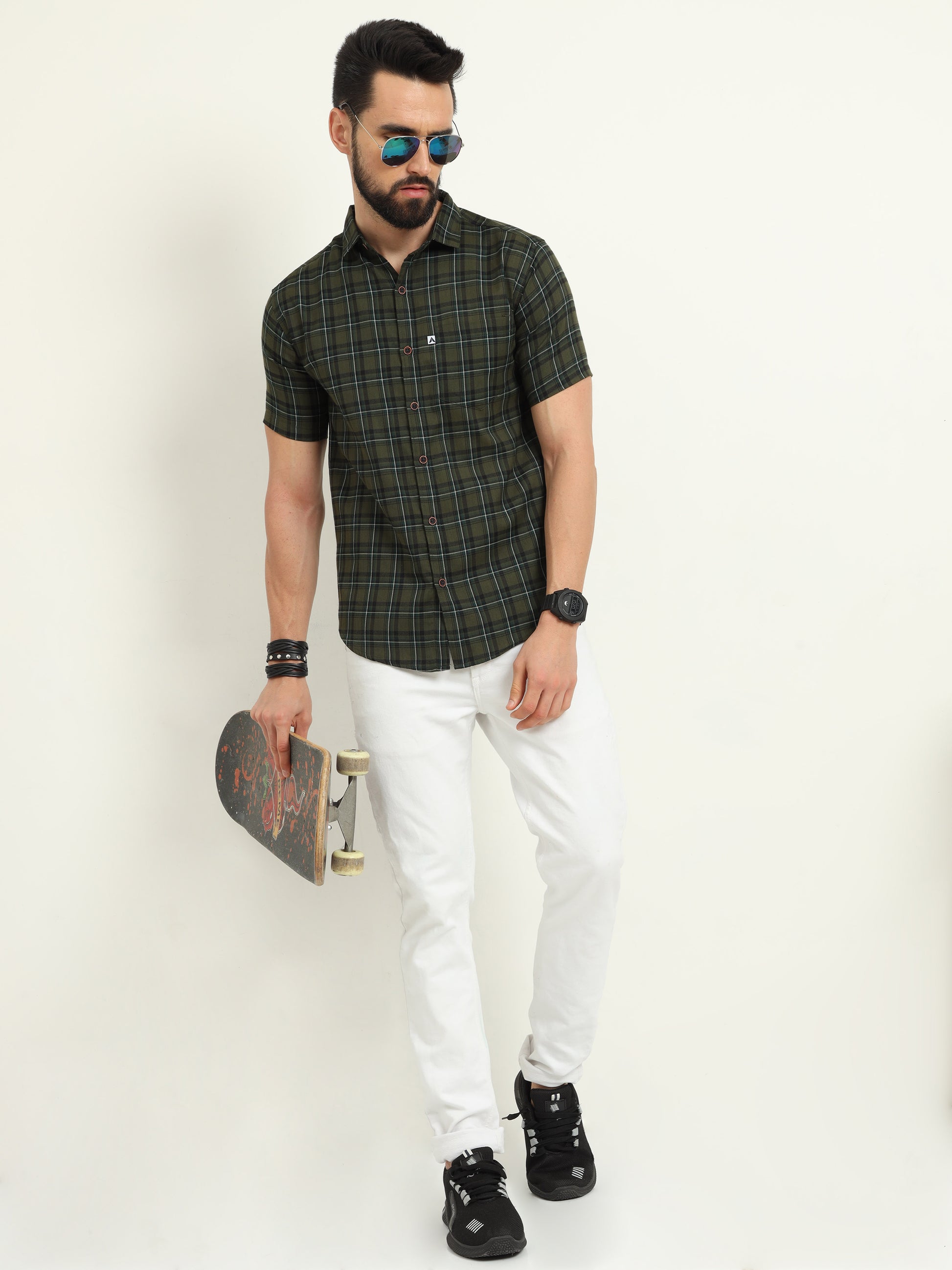 Half Sleeve Tartan Green Check Shirt for Men