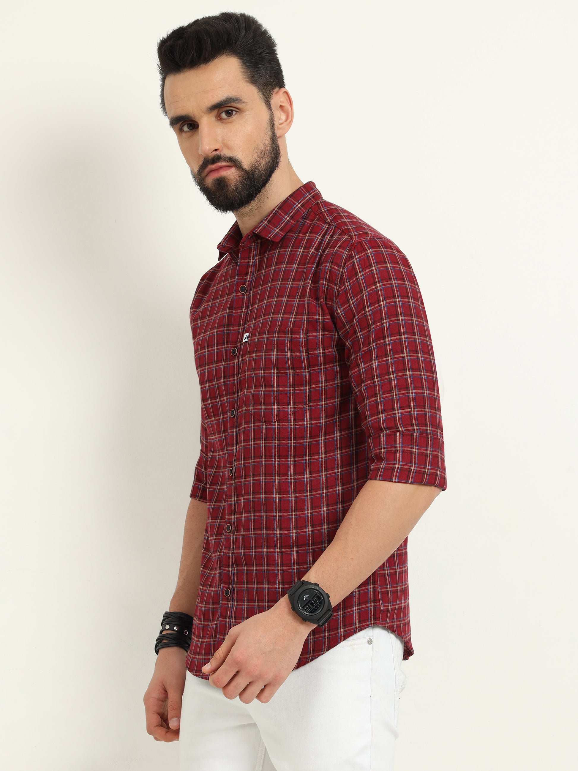 Cotton Mini Rust Red Plaid Shirt for Men