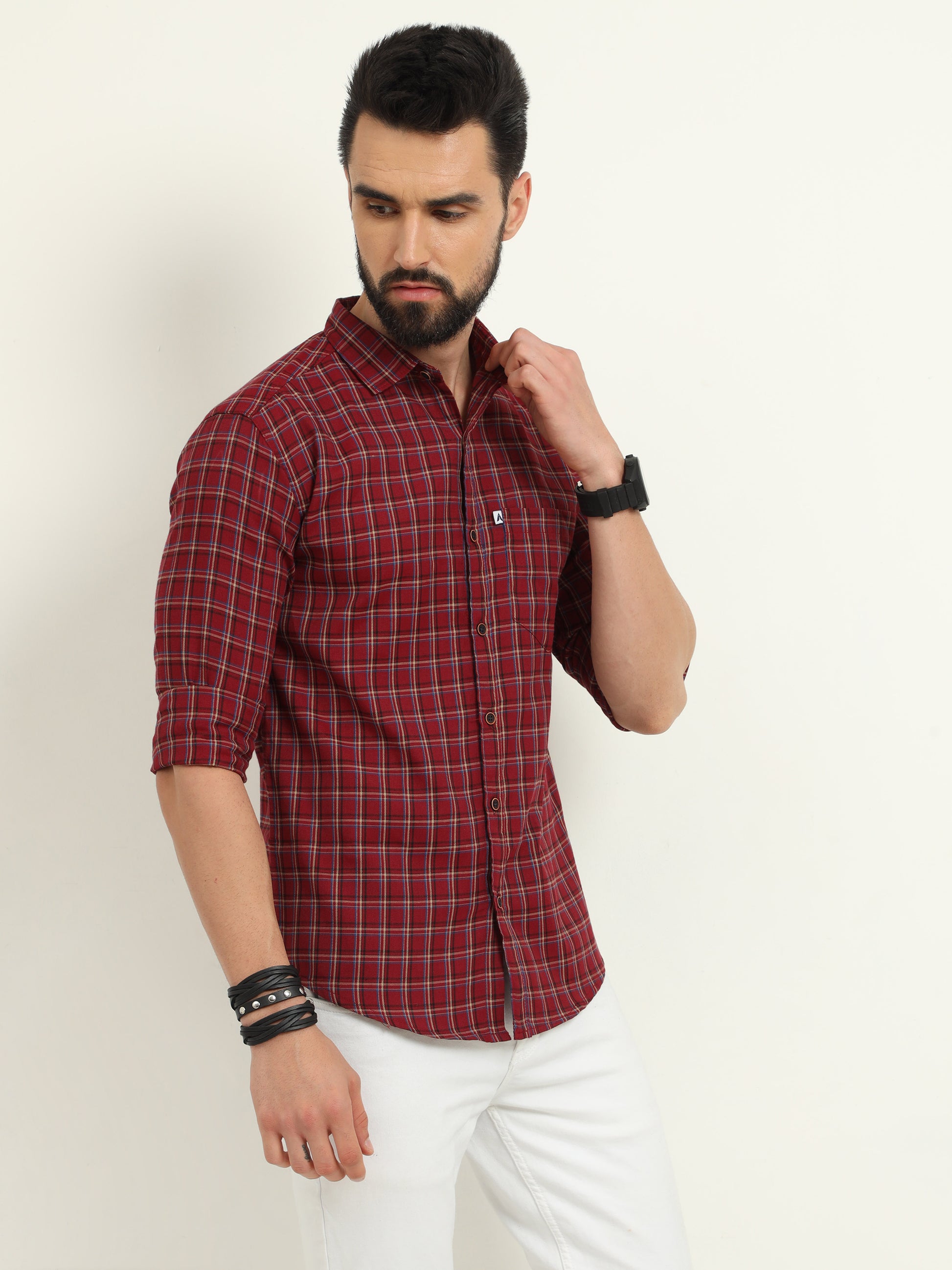 Cotton Mini Rust Red Plaid Shirt for Men