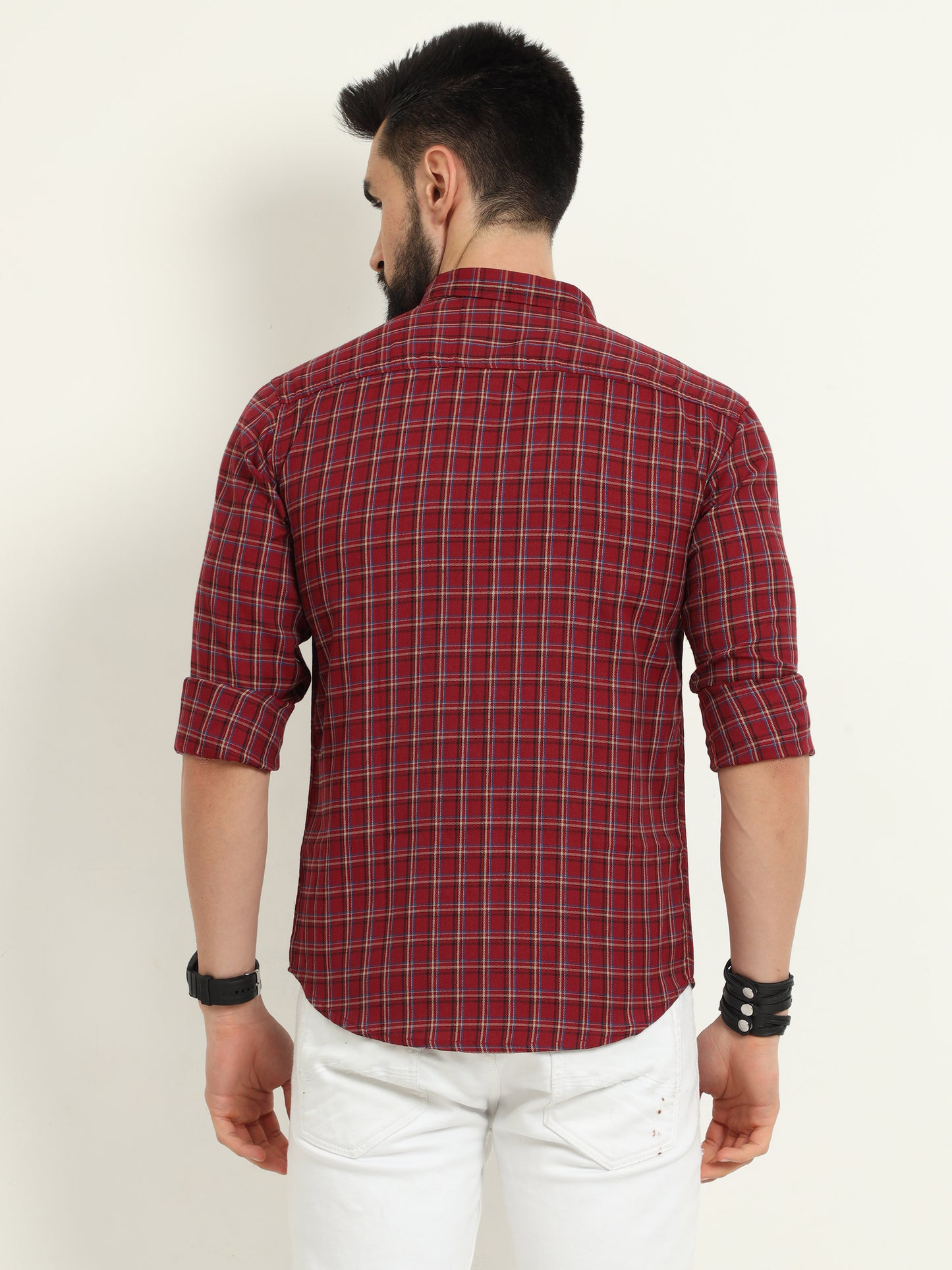 Cotton Mini Rust Red Plaid Shirt for Men
