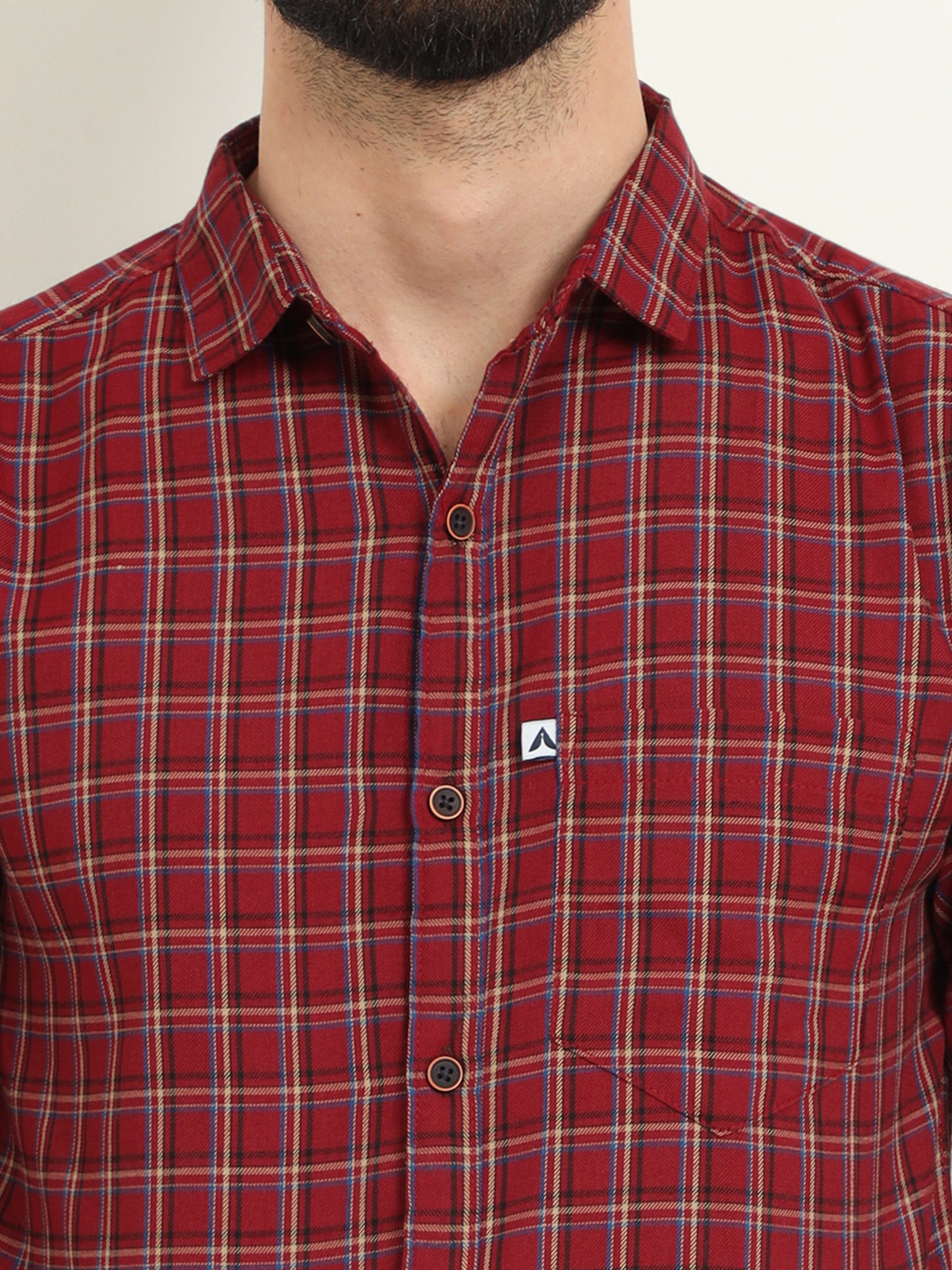 Cotton Mini Rust Red Plaid Shirt for Men